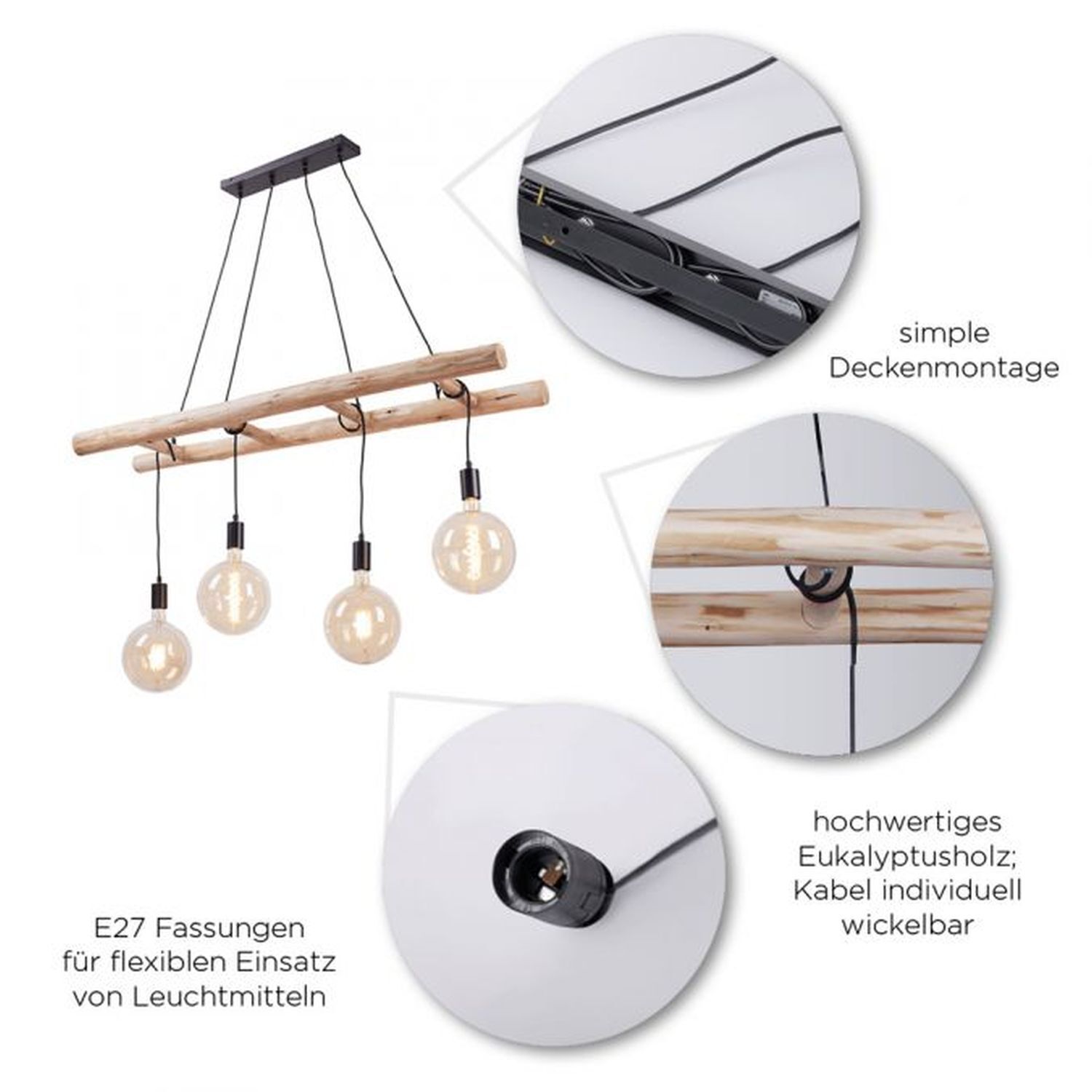 Hängelampe Skandinavisch Holz 110 cm lang E27 natürlich