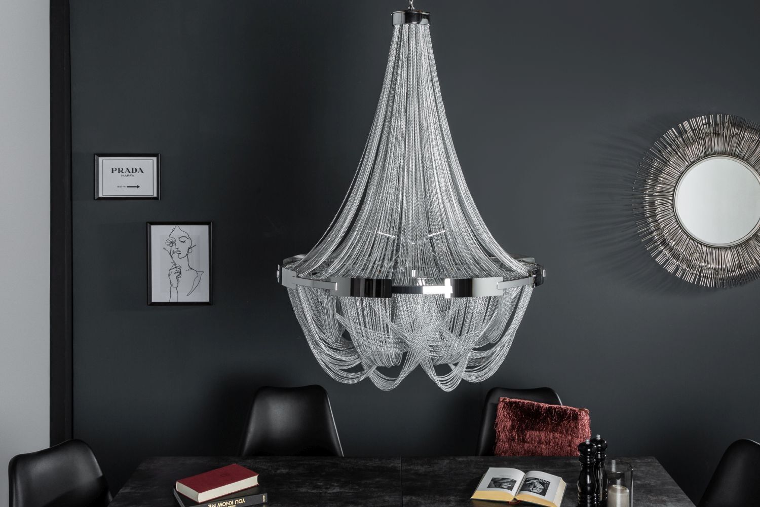 Design Kronleuchter Wohnzimmer Metall Ketten in Silber Leuchter, Lampe, Drinnen, Innenarchitektur, Buch