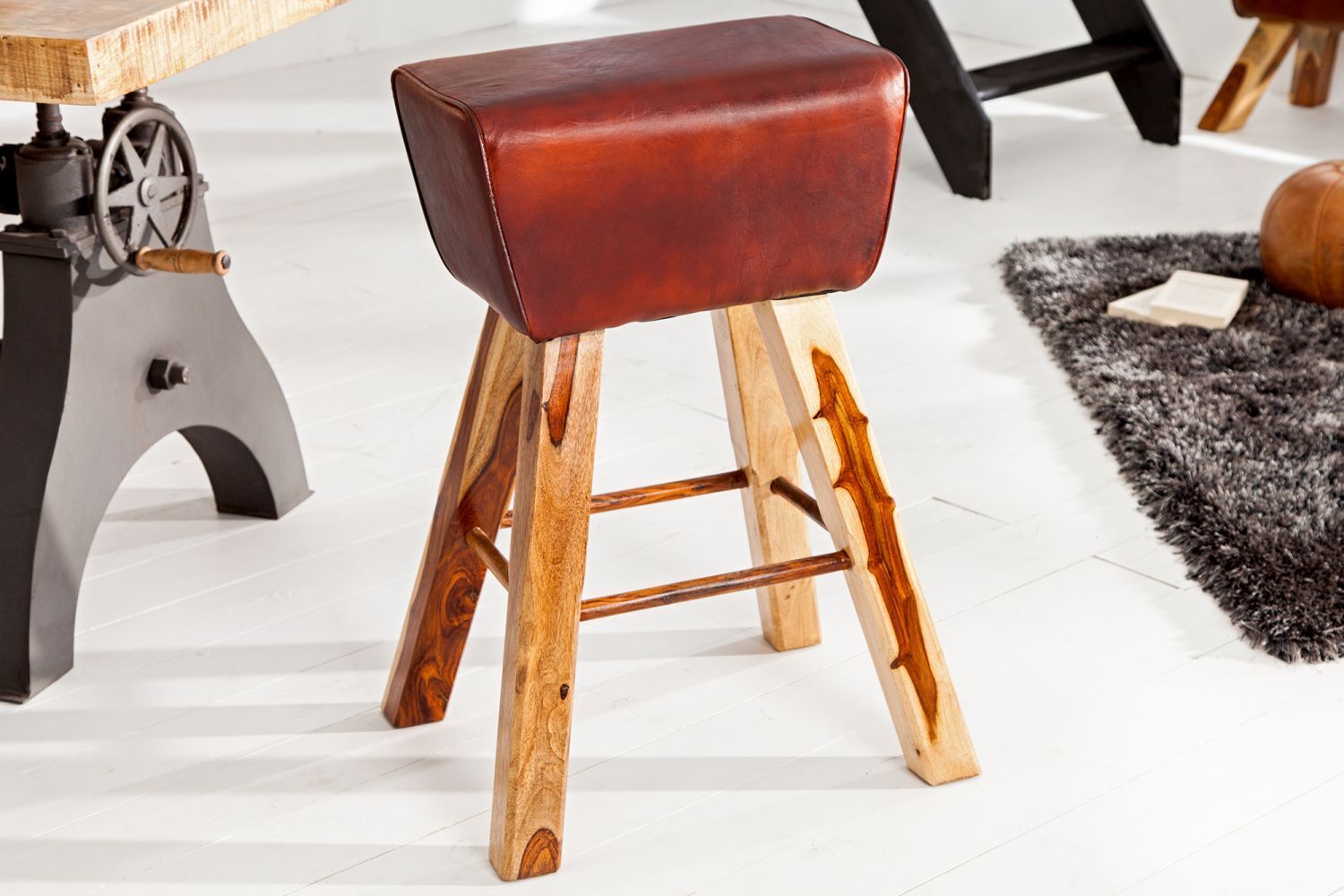 Tabouret de bar en cuir véritable massif 40 cm en marron café naturel Moebel, Holz, Hartholz, Gebeiztes Holz, Geldbörse