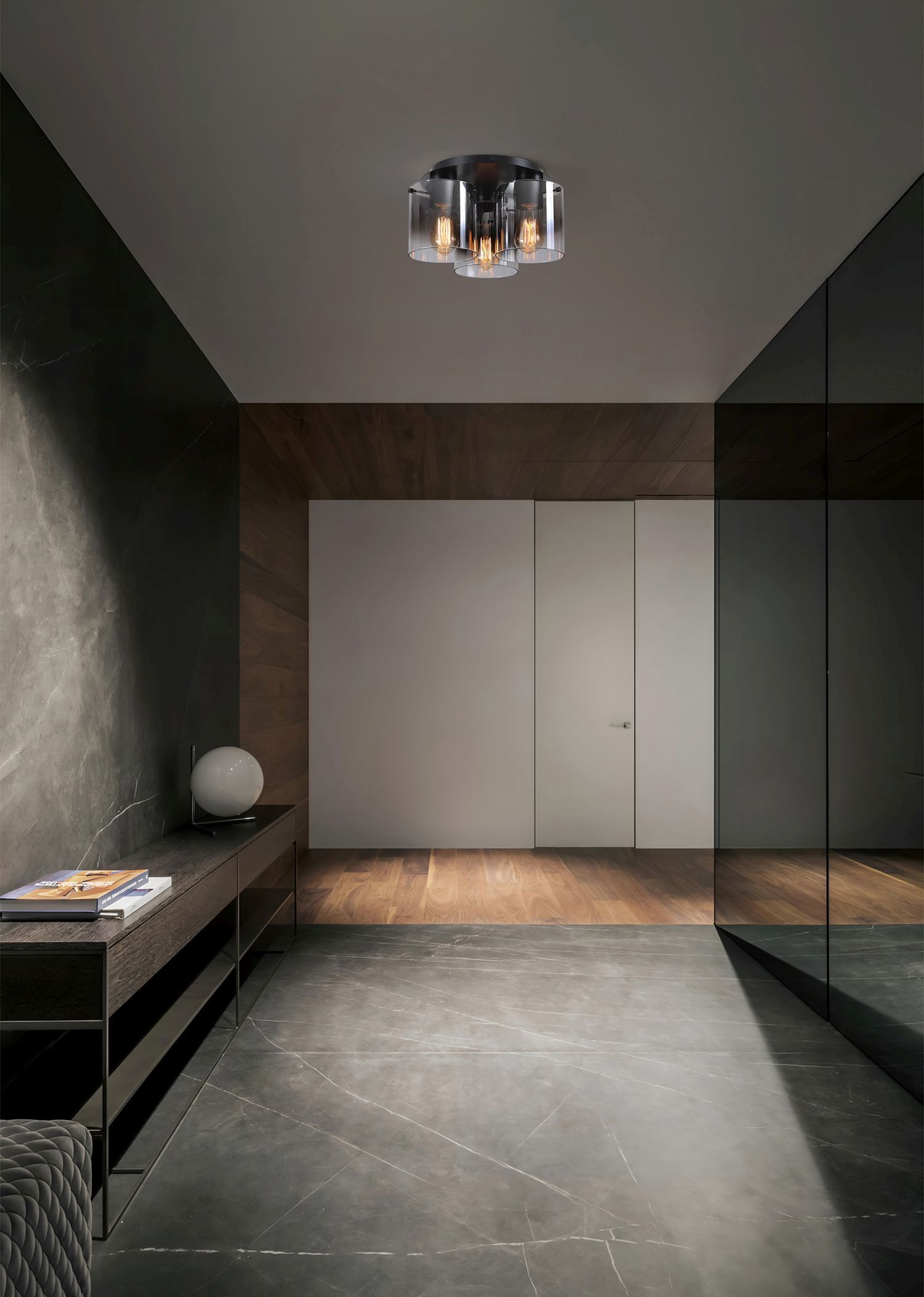 Deckenlampe Glas Metall in Schwarz Rauchgrau 3-flammig Flur, Garderobe, Schwarz, Holz, Wand