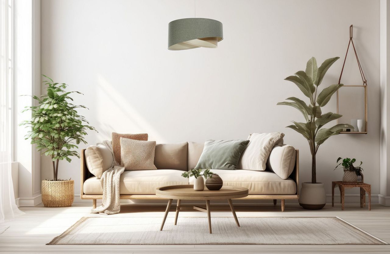 Pendelleuchte rund Ø 40 cm E27 Grün Beige Stoff Modern Dekoration für Zuhause, Lampe, Pflanze, Wohnzimmer, Couch