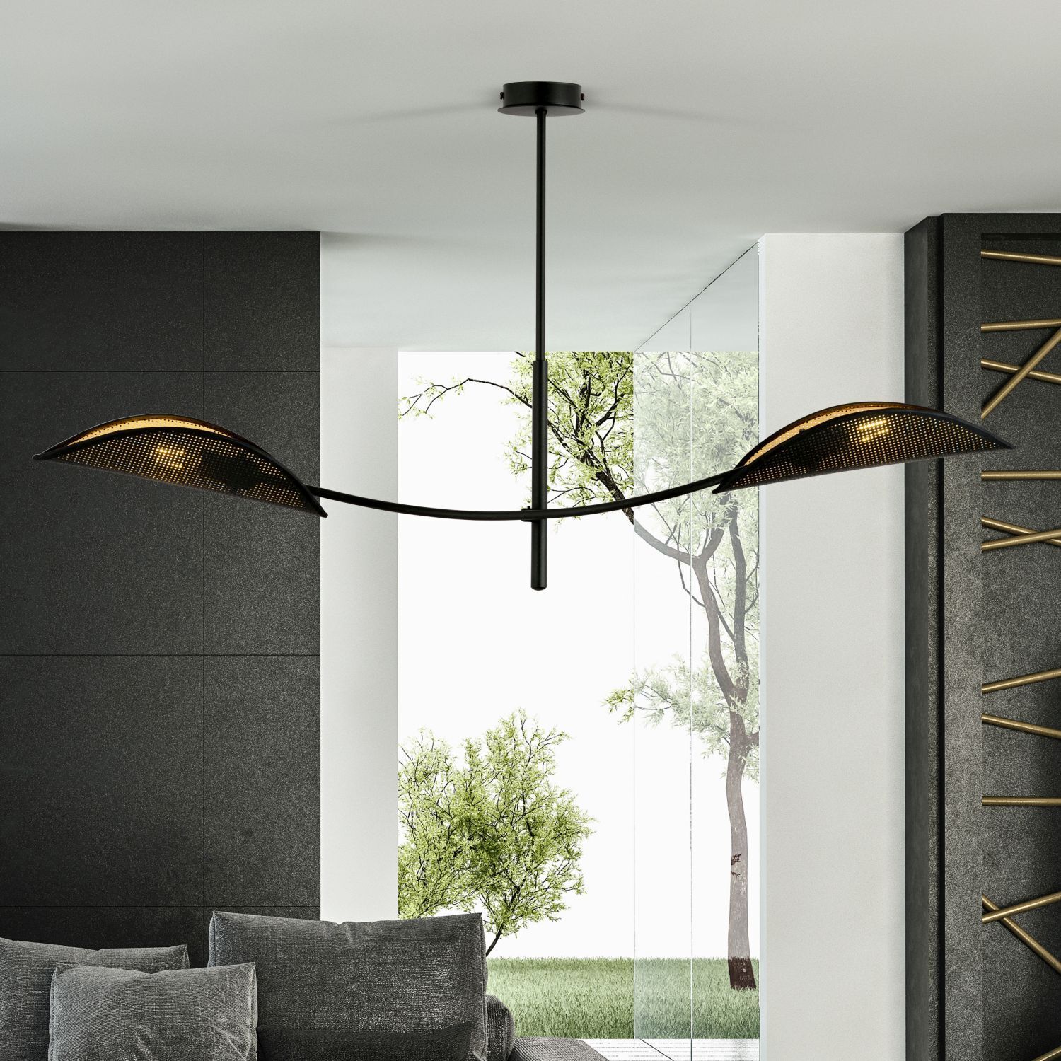 Plafonnier tissu métal 103 cm de long pivotant en noir or
