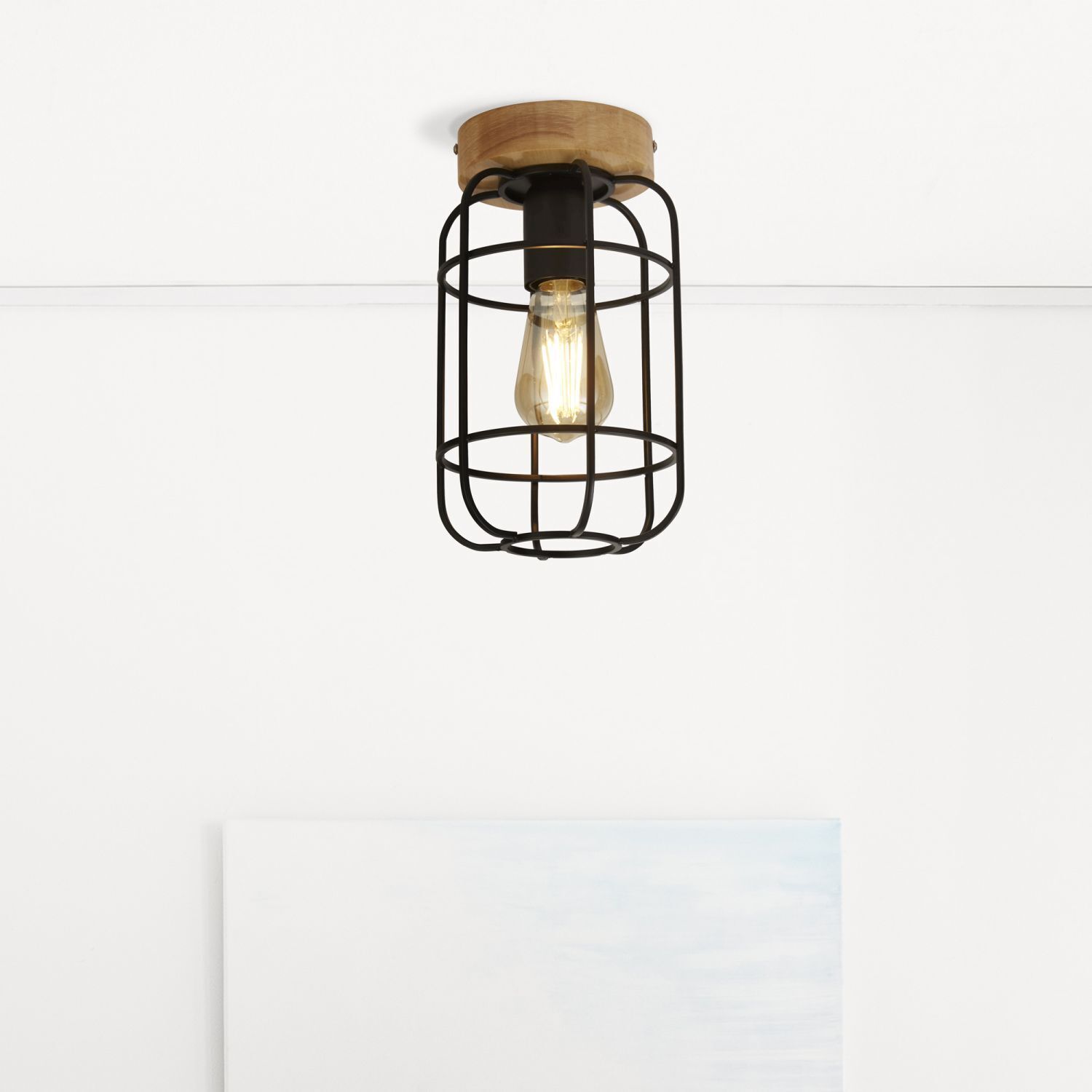 Lampe de plafonnier E27 bois métal fil L:15 cm Industrial