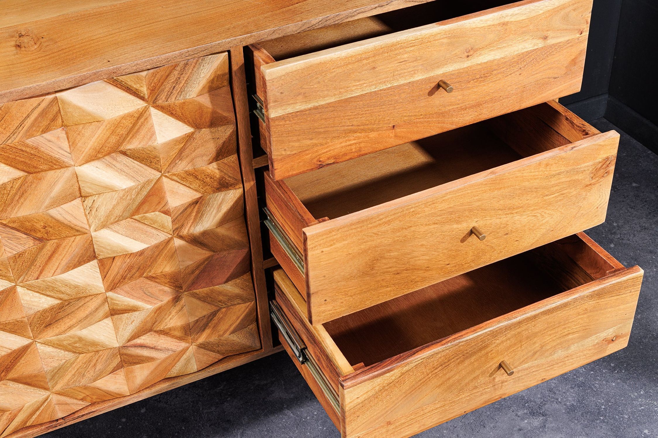 Buffet en bois d'acacia métal 145 cm avec tiroirs MALI Schublade, Mobiliar, Holz, Hartholz, Gebeiztes Holz