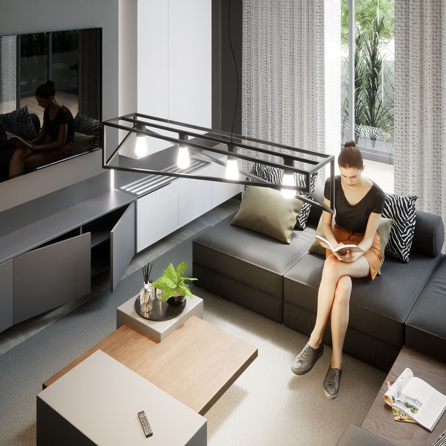 Lange Hängelampe Metall Schwarz E27 100 cm Industrial Wohnzimmer, Kaffeetisch, Tabelle, Couch, Fernsteuerung