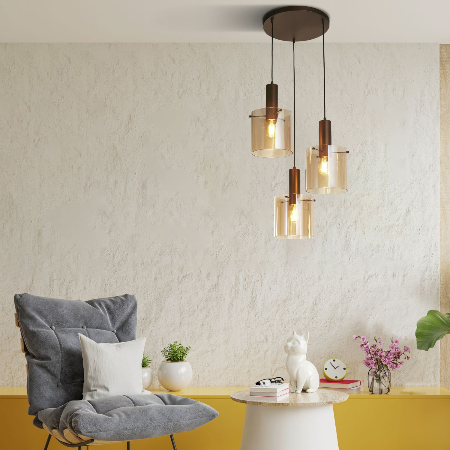 Lampe à suspendre 3 flammes brun ambre E27 D : 47 cm