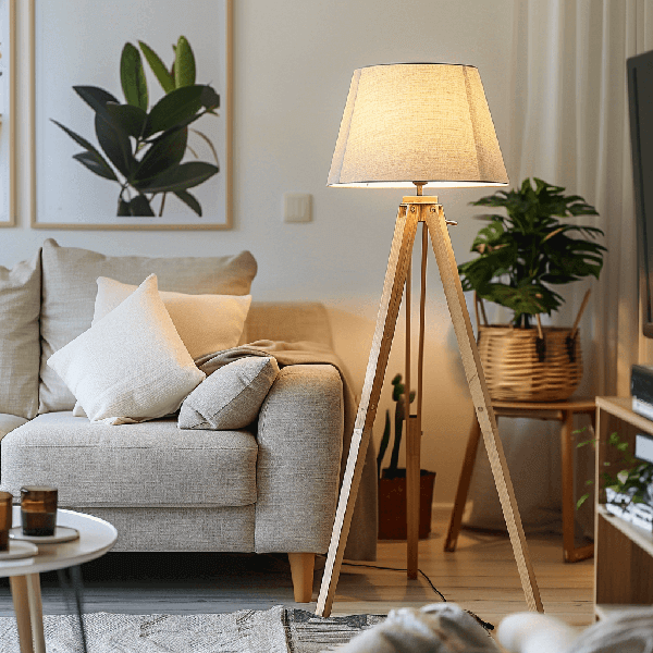 Skandinavische Lampen Stehlampe, Tripodlampe, Leinen-Schirm, Holz-Trippod, Wohnzimmer