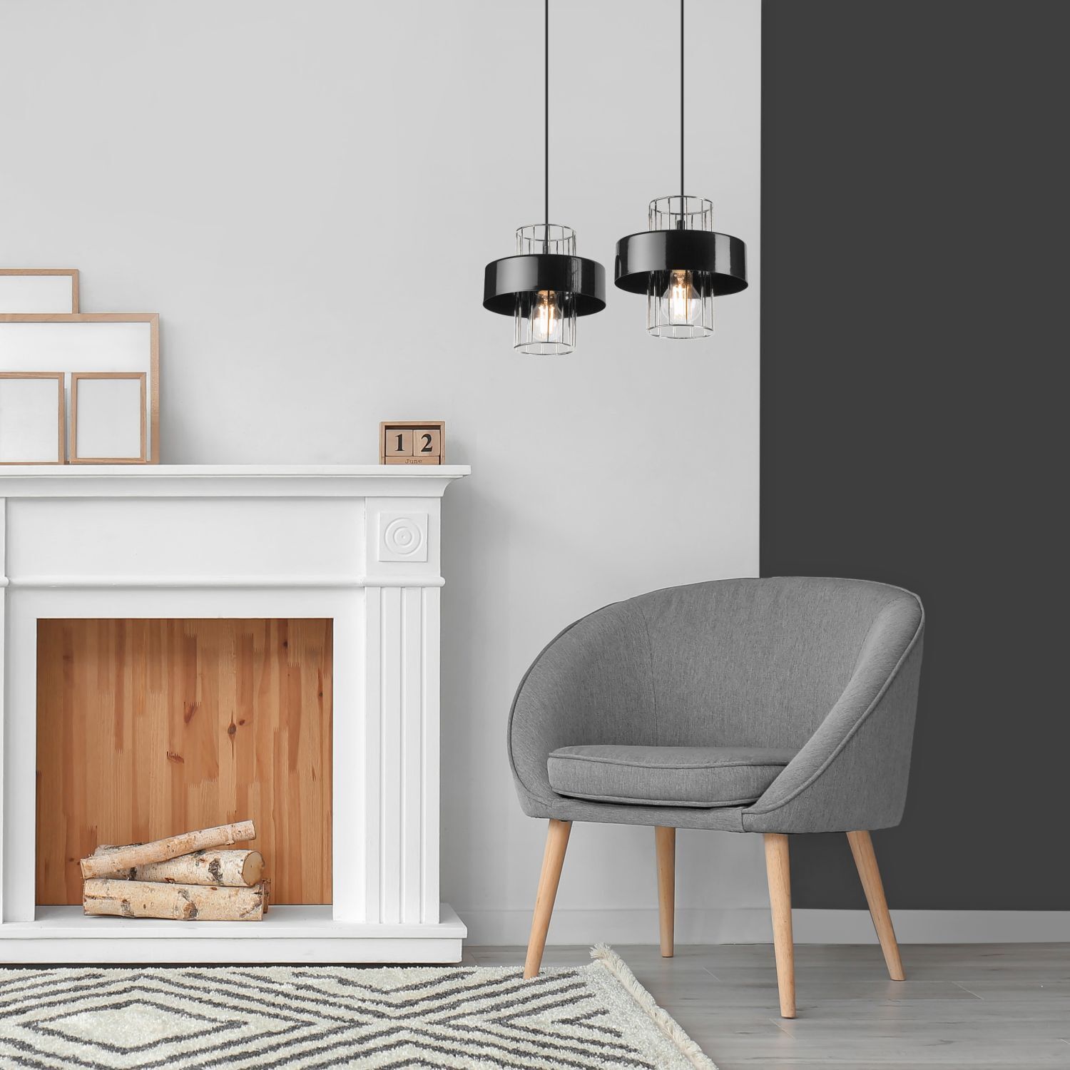 Hängelampe Modern Metall 2-flammig Schwarz Chrom E27 AFINA