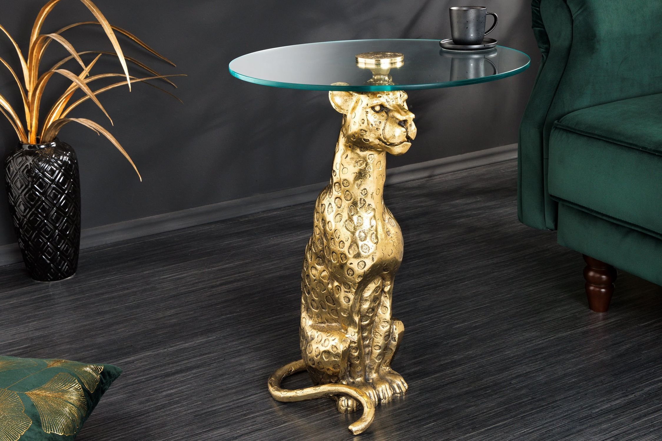 Beistelltisch rund Ø 45 cm H: 60 cm Panther in Gold Antik
