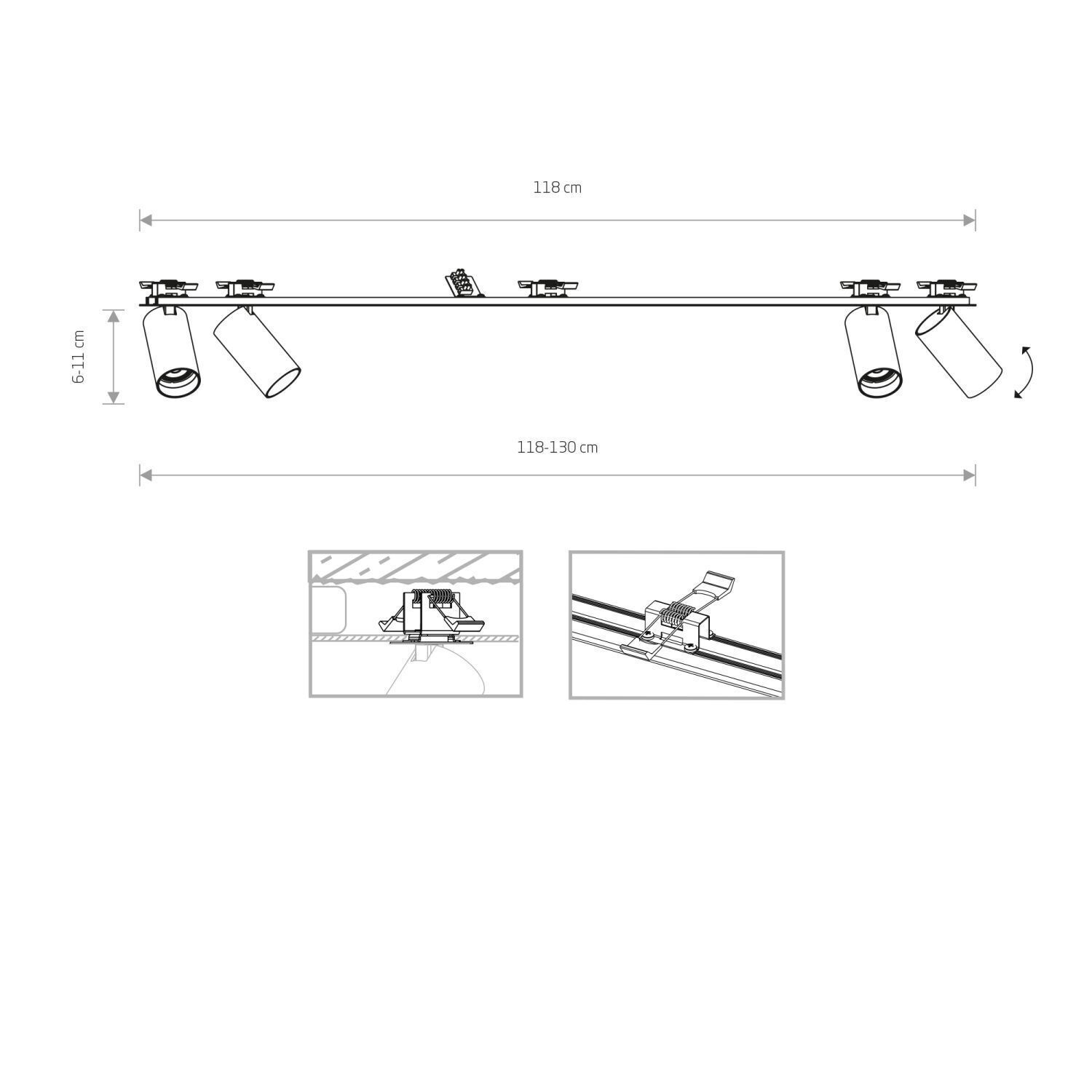 Deckenspot Weiß Einbau 118 cm lang 4-flammig Weiß GU10 CAD-Diagramm, Diagramm
