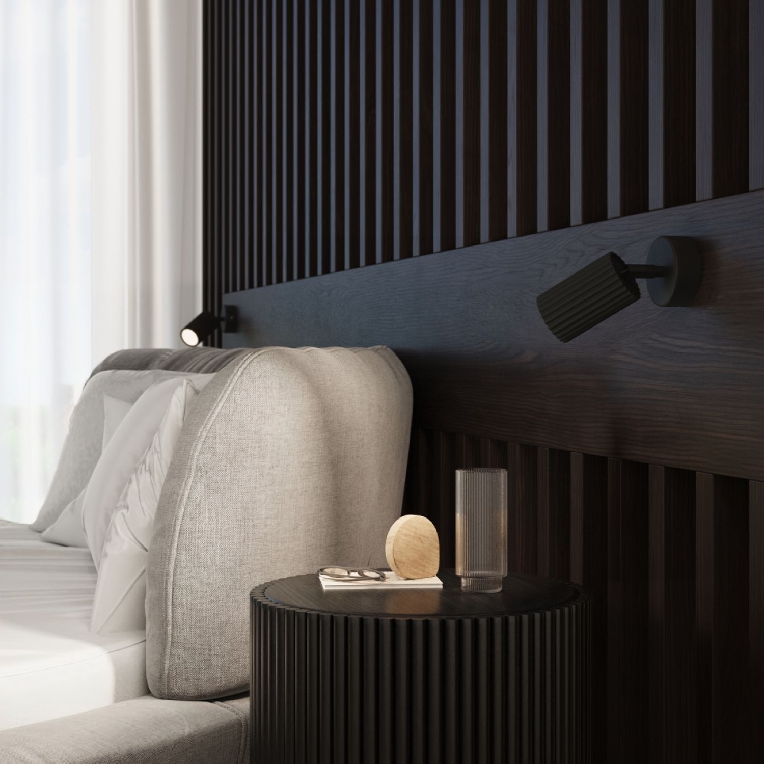 Wandleuchte Schwarz GU10 Modern B: 8 cm klein schwenkbar Drinnen, Innenarchitektur, Paneele aus Holz, Kissen, Kopfkissen