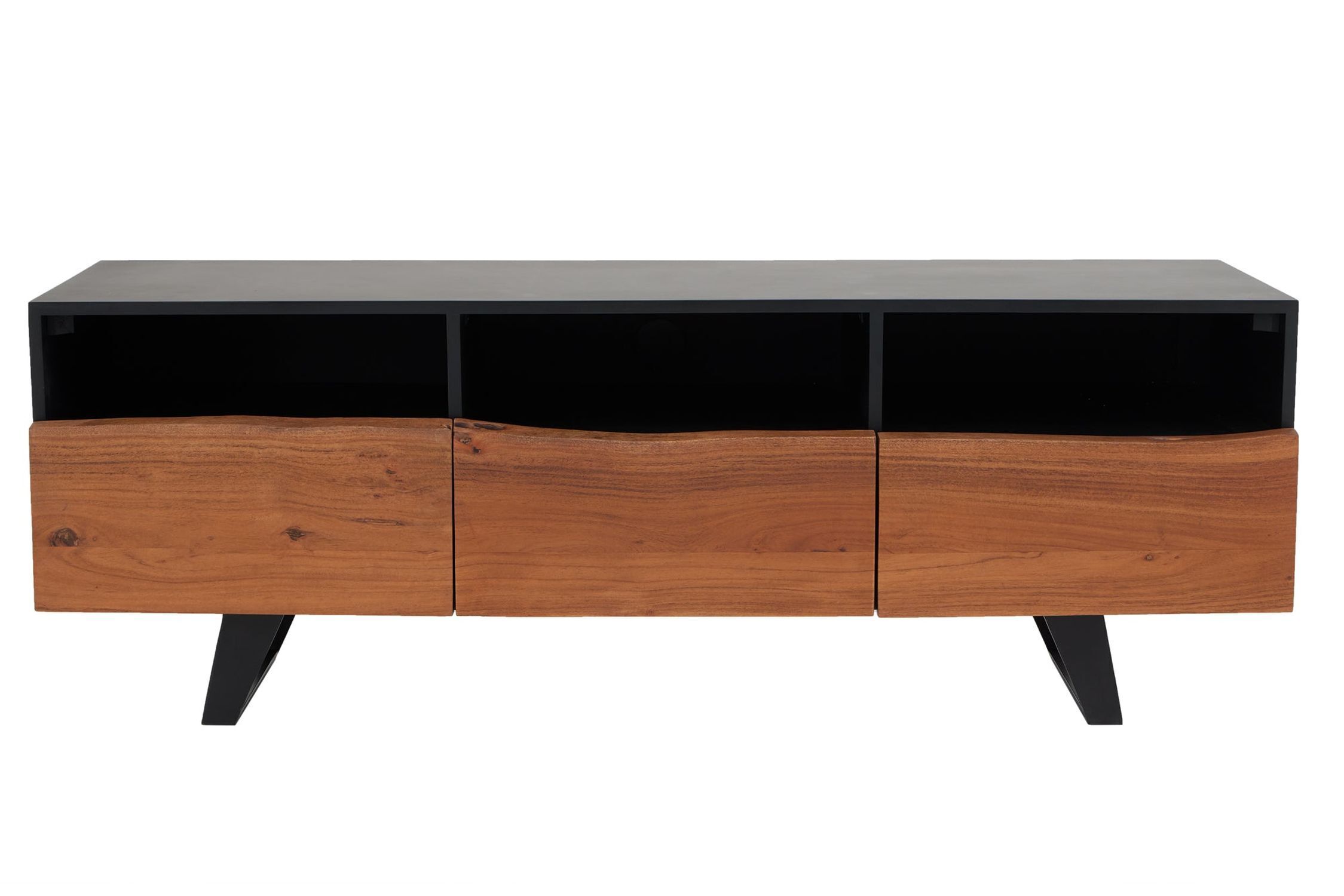 TV Lowboard 140 cm bord d'arbre compartiments tiroirs bois fer