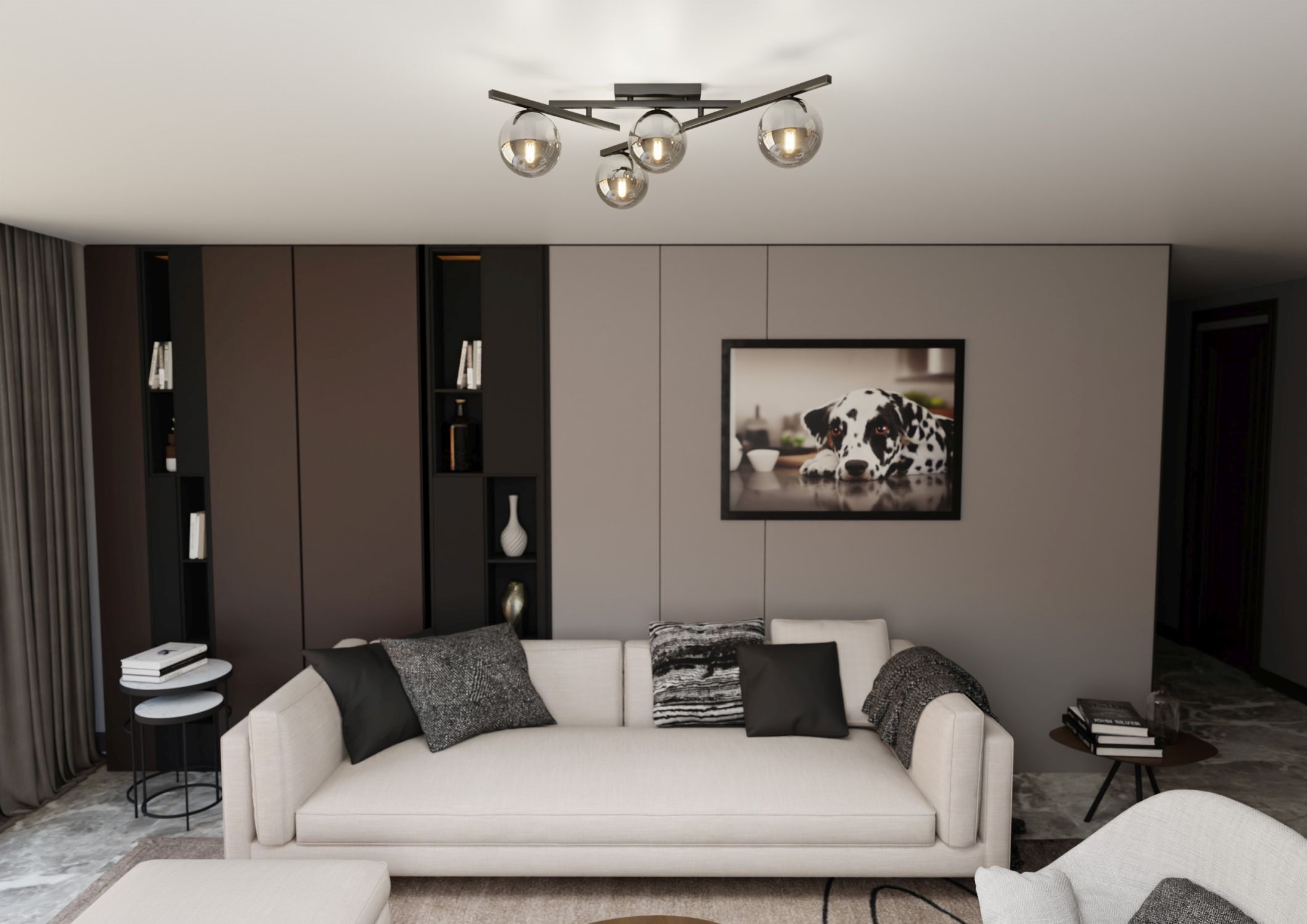 Lampe de plafond verre fumé métal 63 cm de long E14 4 flammes Dekoration für Zuhause, Innenarchitektur, Wohnzimmer, Kissen, Couch