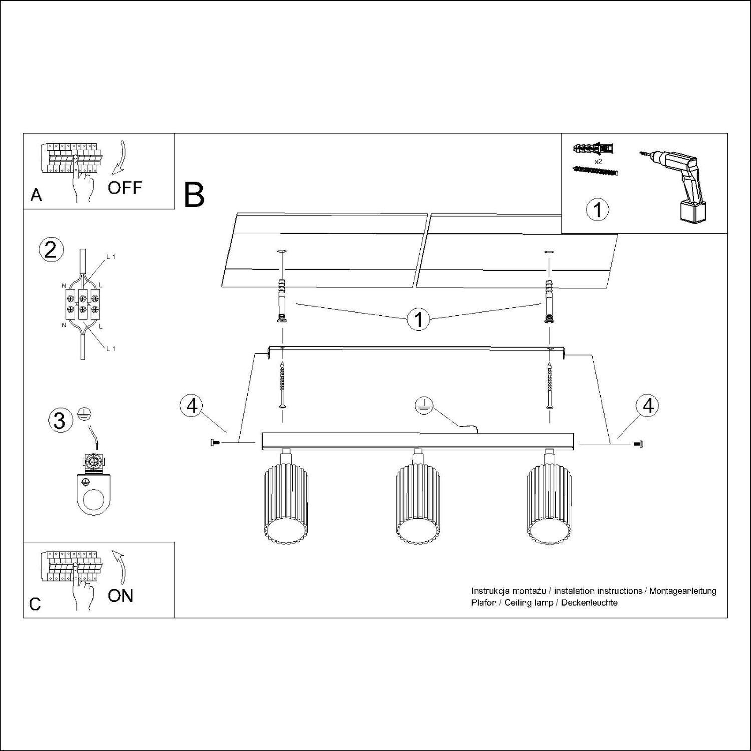 Deckenstrahler 3-flammig GU10 B: 45 cm Grün aus Aluminium CAD-Diagramm, Diagramm