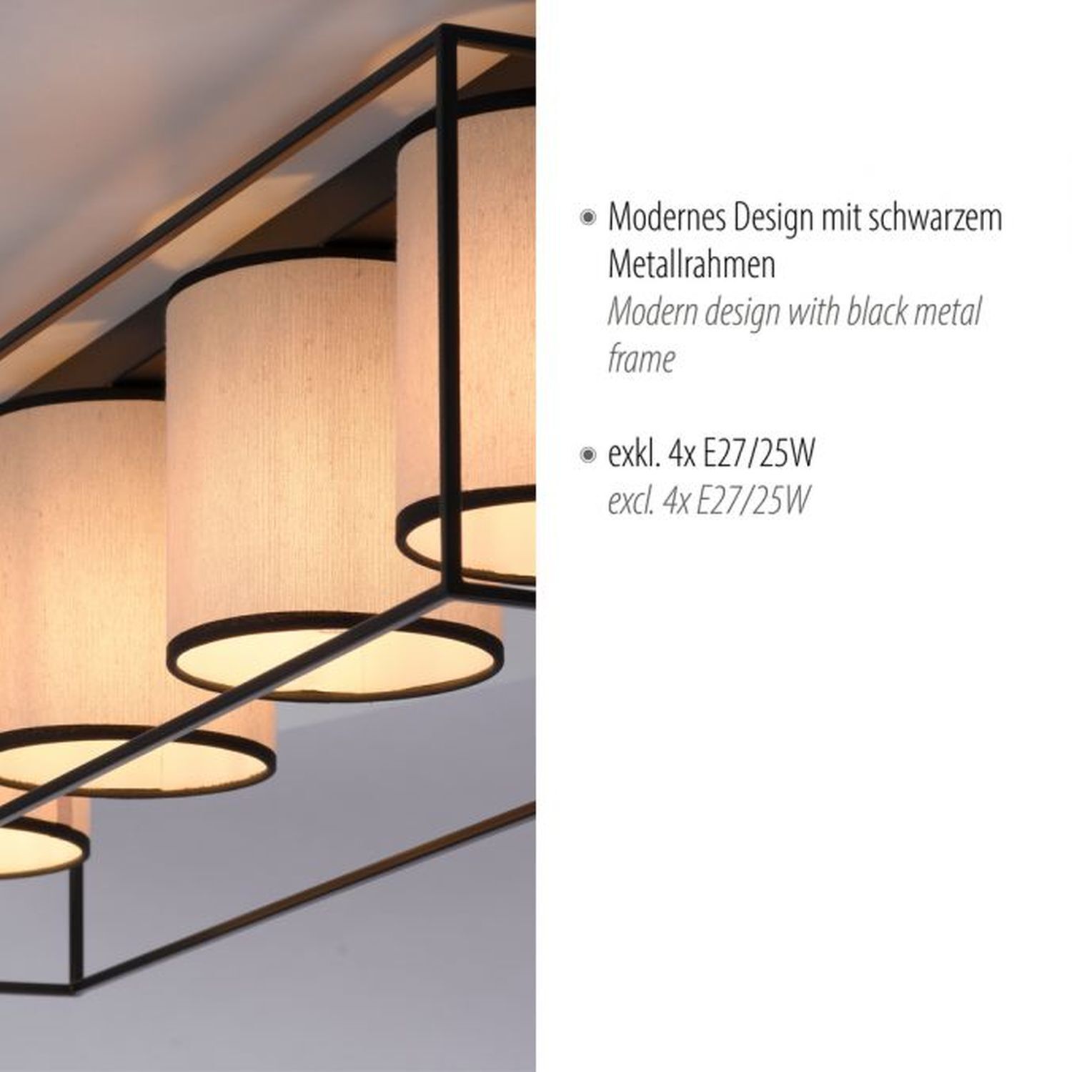 Deckenlampe Stoff Metall Beige Schwarz E27 4-flammig Lampe