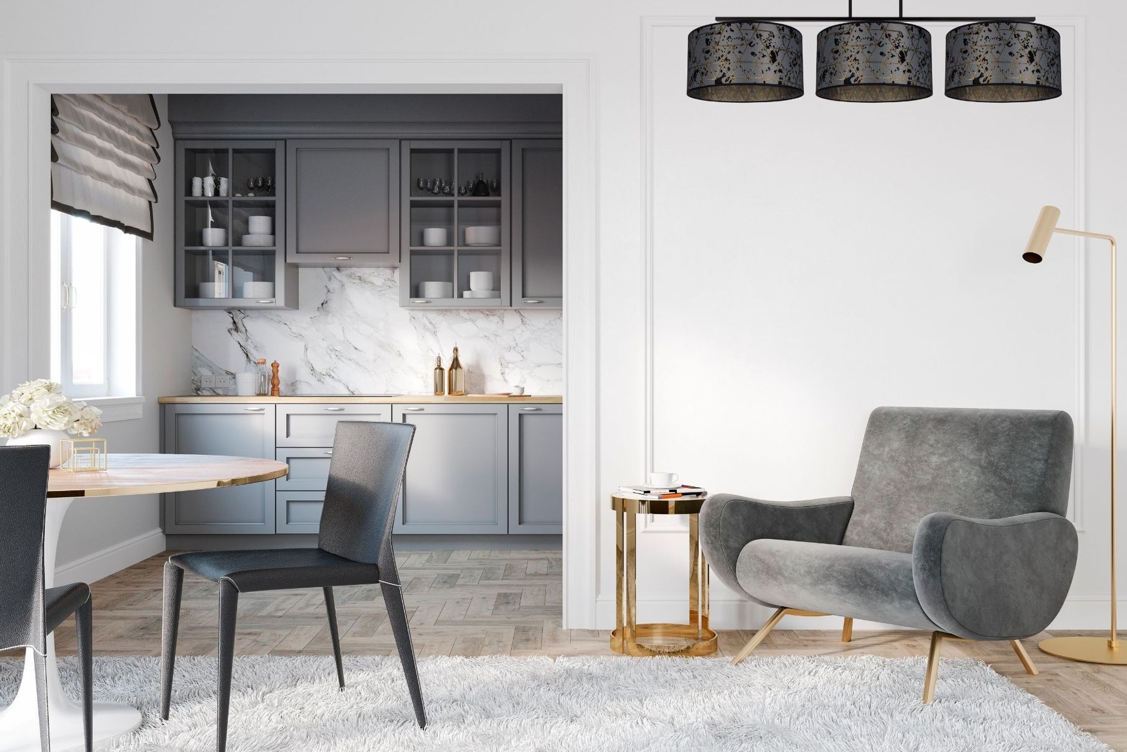Küche Unterschränke, graue Küche, Marmor-Rückwand, runder Esstisch, Sessel