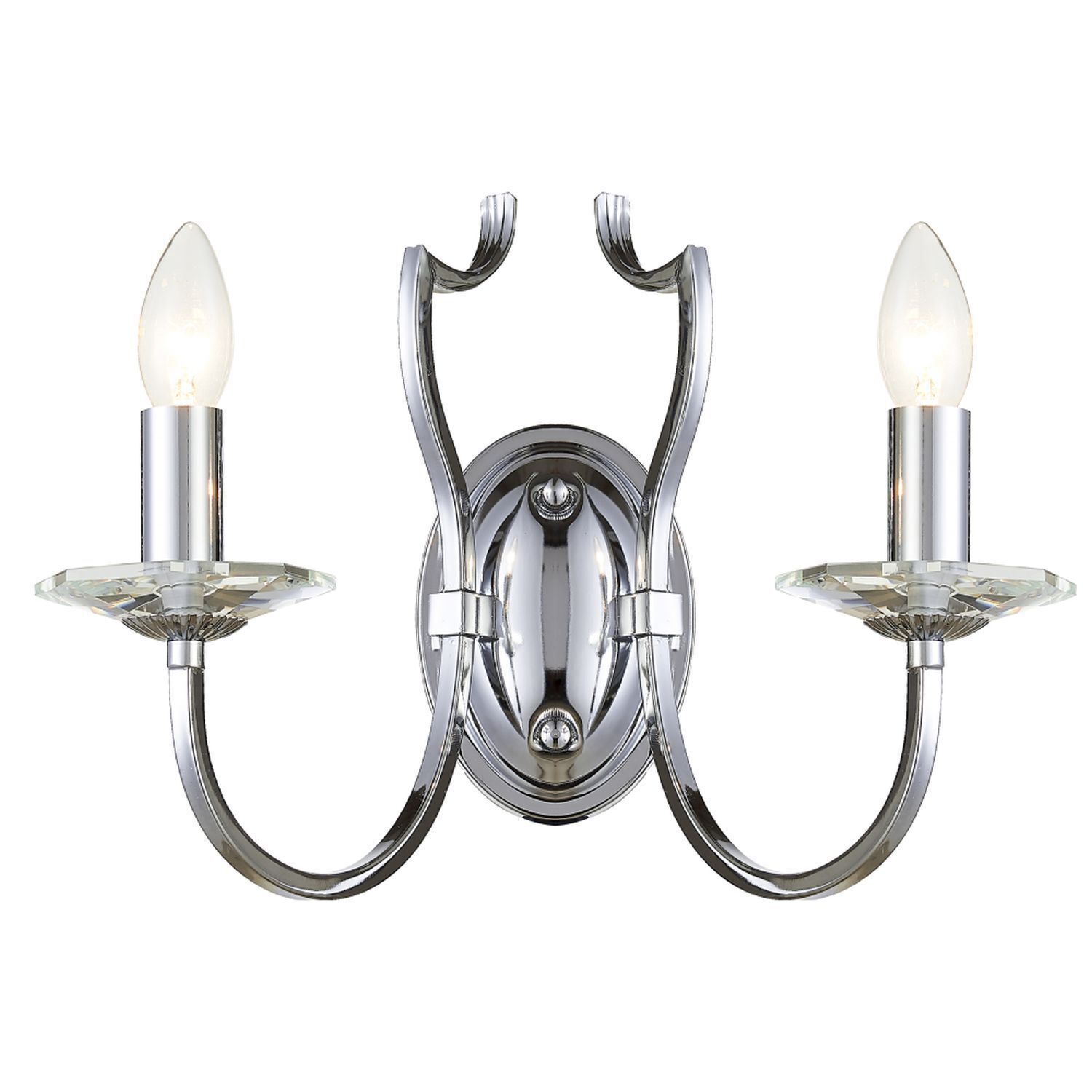 wandleuchte-wohnzimmerbeleuchtung-wohnzimmerlampe-unirea-2x-e14-bis-40w-chrom-fuer-wohnzimmer-bad-metall-glas-klassisch-le128213-01 Wandlampe, Chrom, Metall, Doppelarm, Kristalldekor