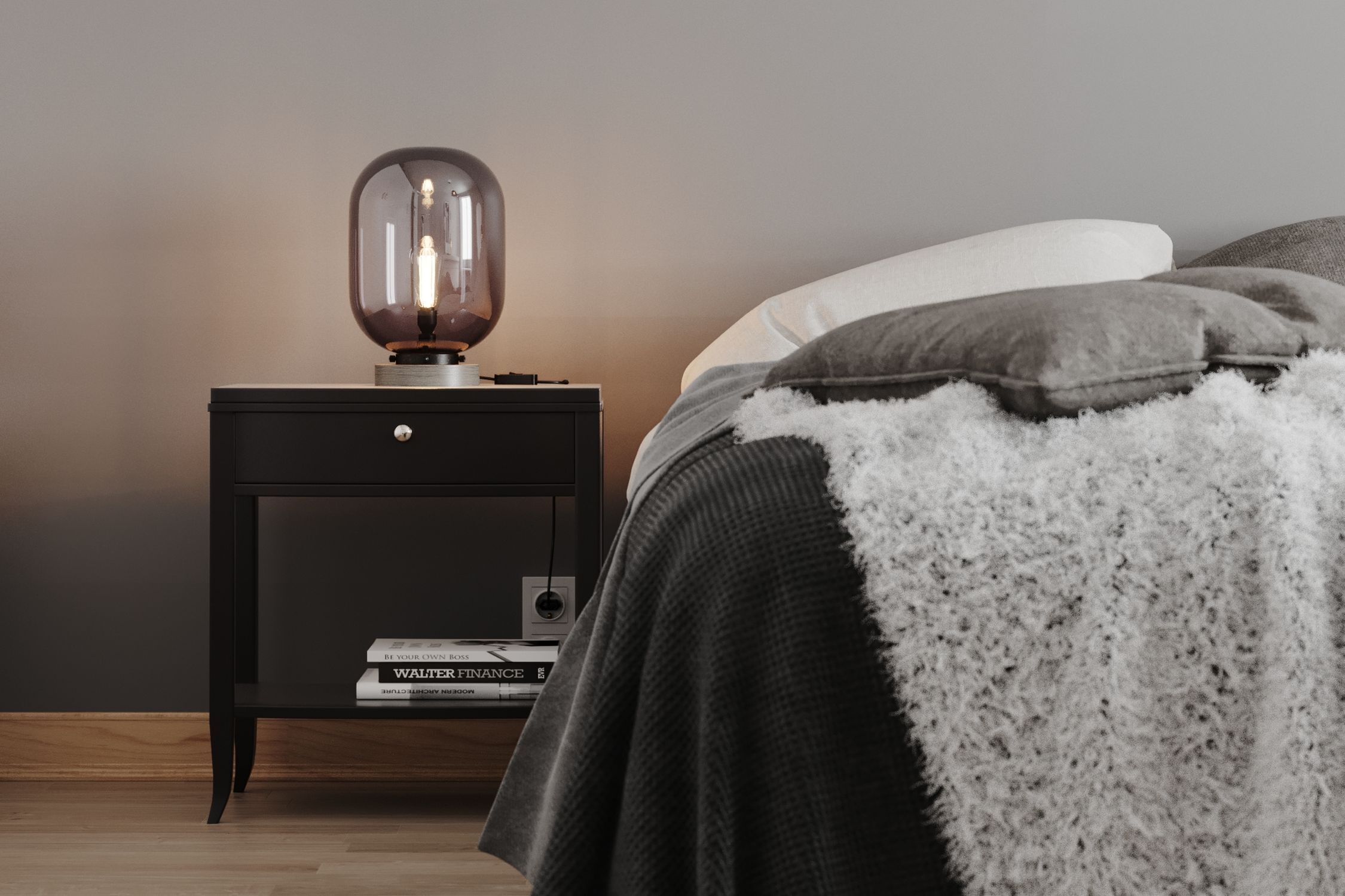 Nachttisch, Tischlampe, Bett, Bettzimmer, Dekoration