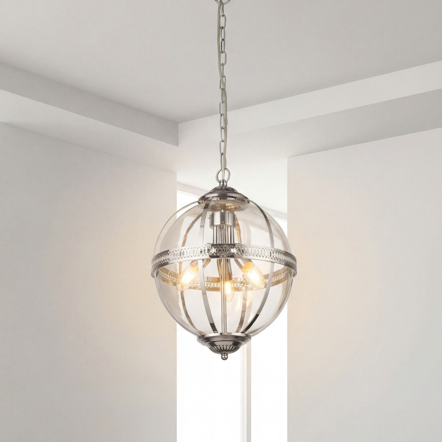 Hängelampe, Gläserner Kugel, Metallrahmen, Kette, Beleuchtung