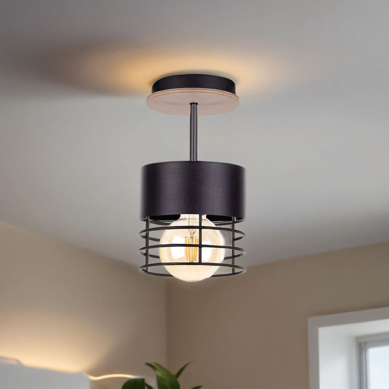 Lampe de plafond Moderne Métal Bois Noir Ø12cm rond Deckenleuchte, Leuchte