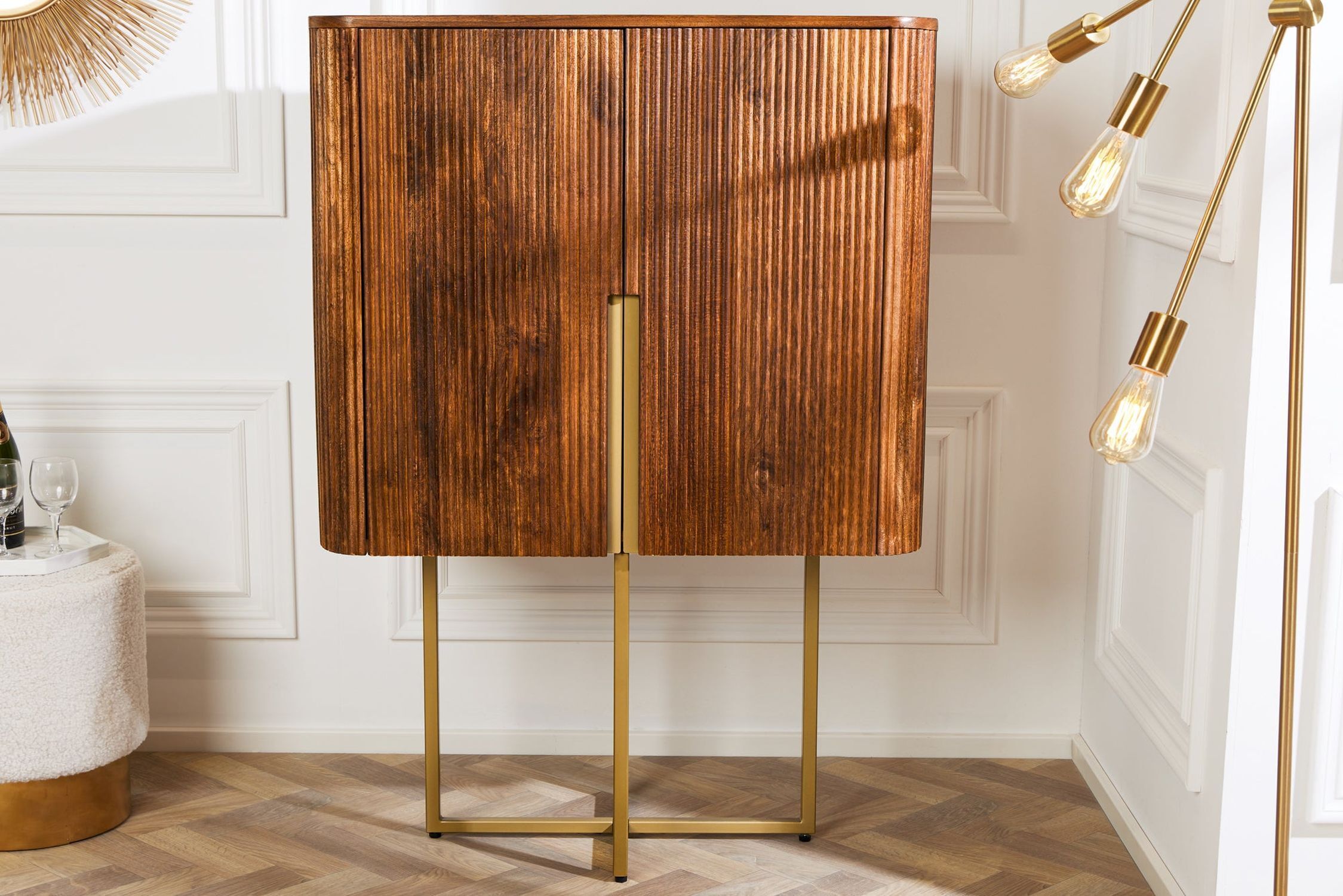 Highboard Holz Metall 80 x 125 cm Art Déco Lamellen Design Innenarchitektur, Lampe, Holz, Hartholz, Gebeiztes Holz