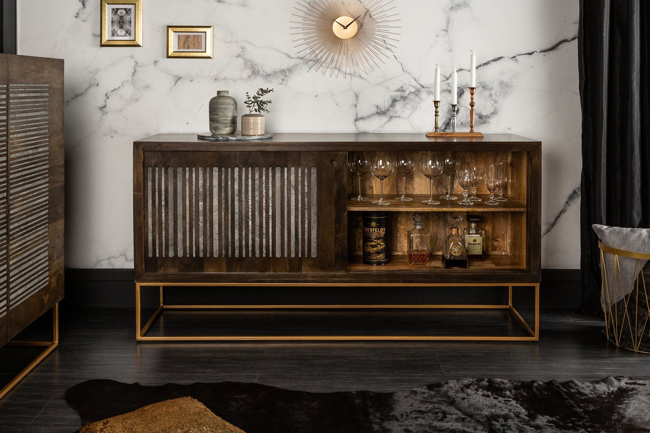 TV Lowboard bois de manguier agate métal 160 x 86 cm porte coulissante