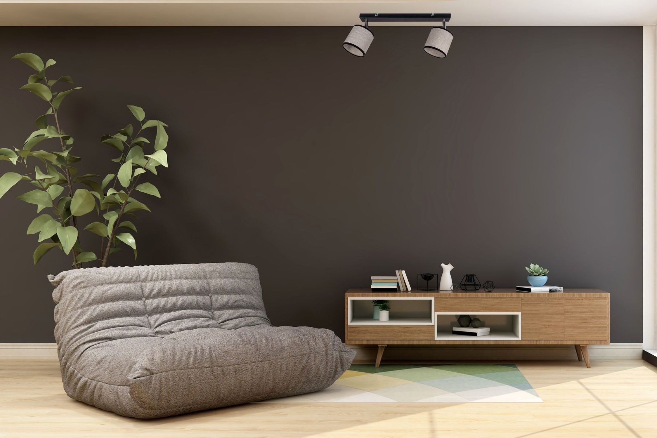 Sitzsack, Wohnzimmer, Dekoration, Holz TV-Konsole, Pflanze