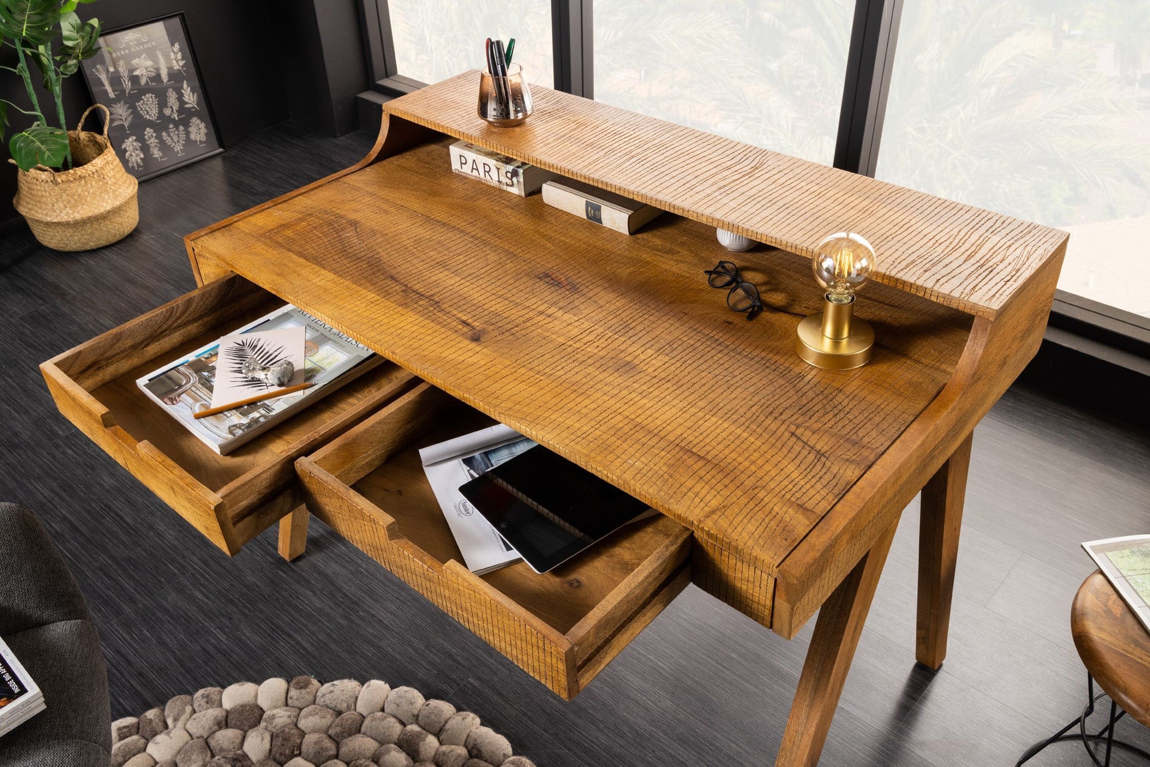 Bureau avec tiroir en bois de manguier naturel 120x86 cm Tabelle, Hartholz, Holz, Tischplatte, Gebeiztes Holz