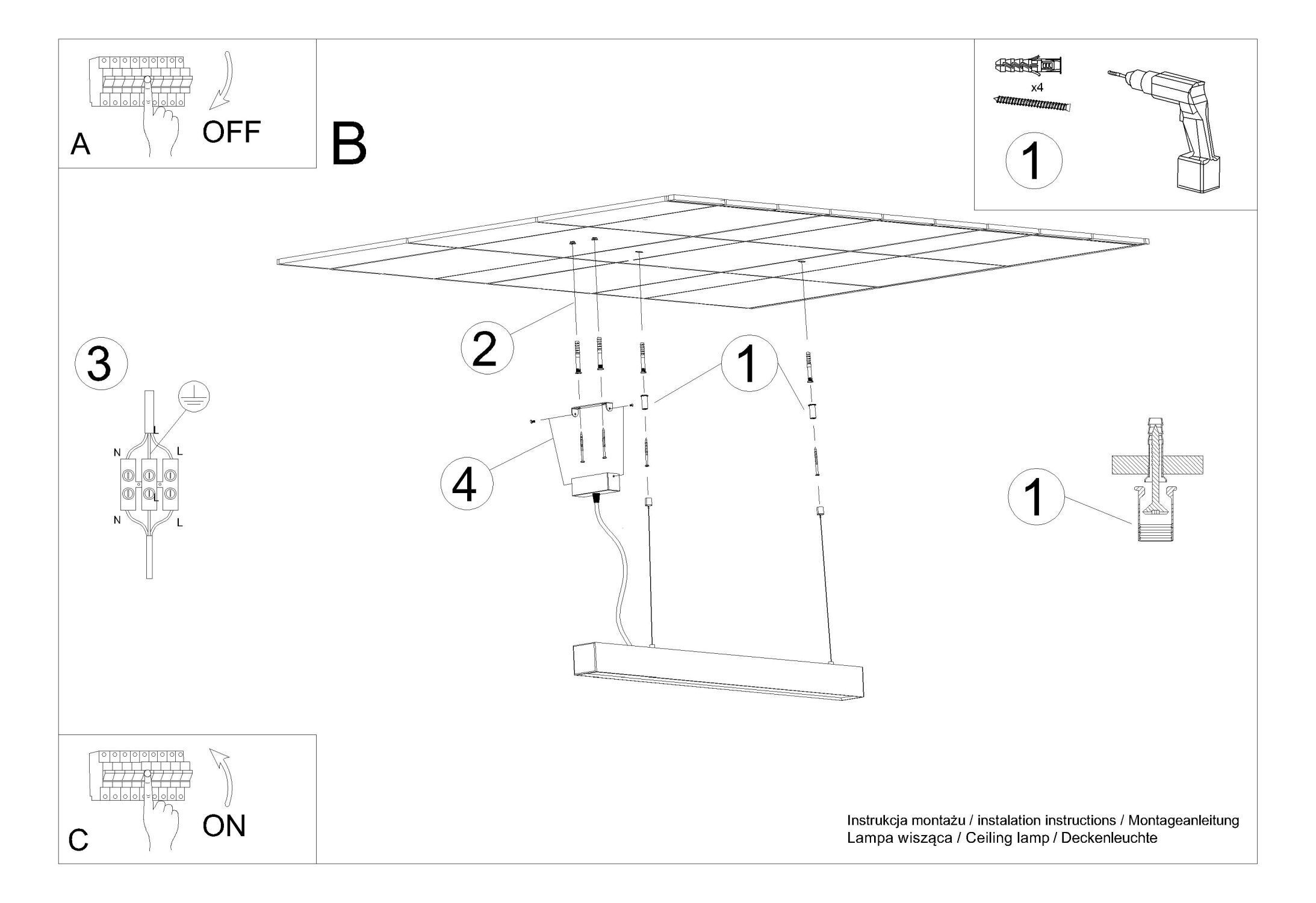 Suspension LED noire métal 67 cm allongée 4000 K