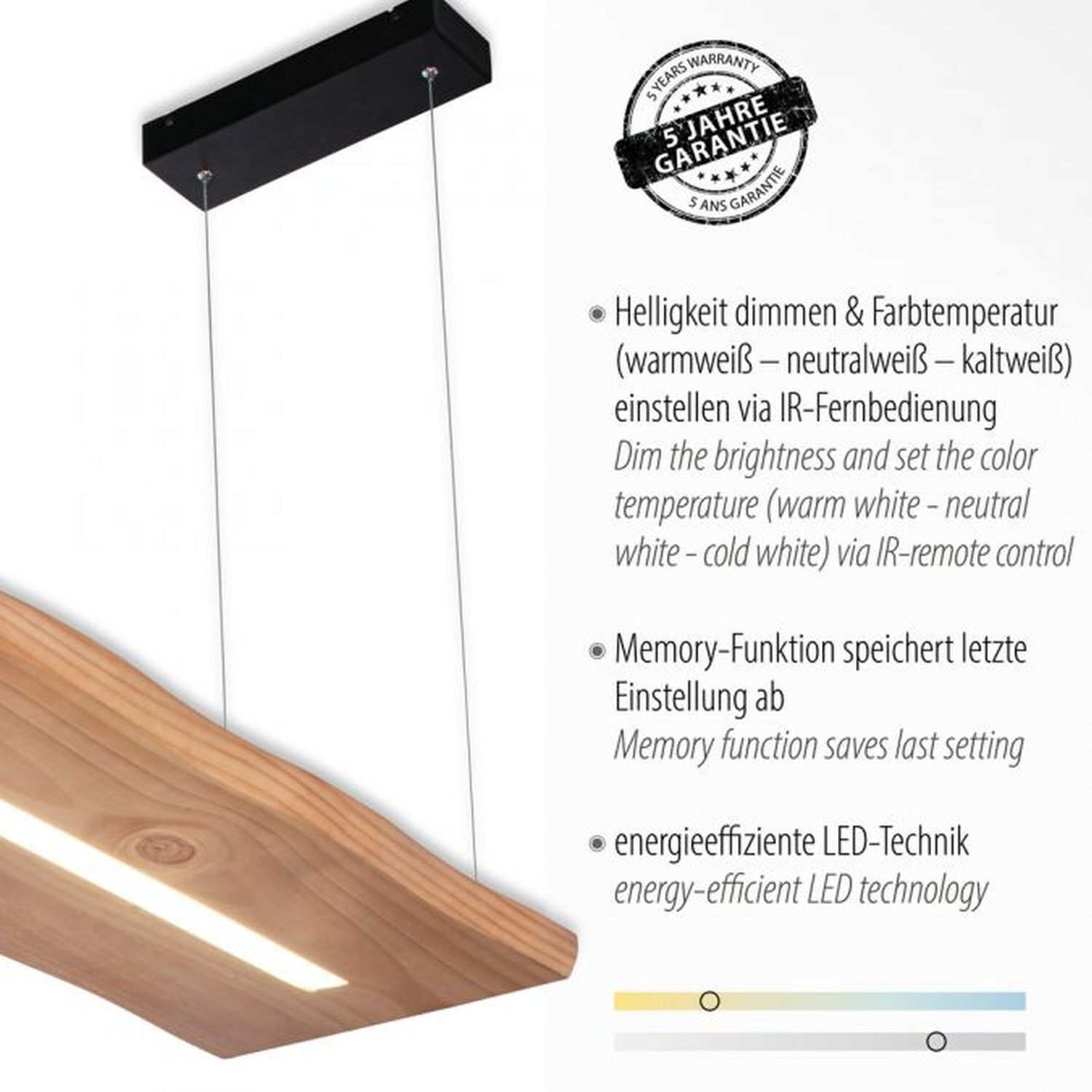 LED Suspension Bois Télécommande L:120 cm dimmable