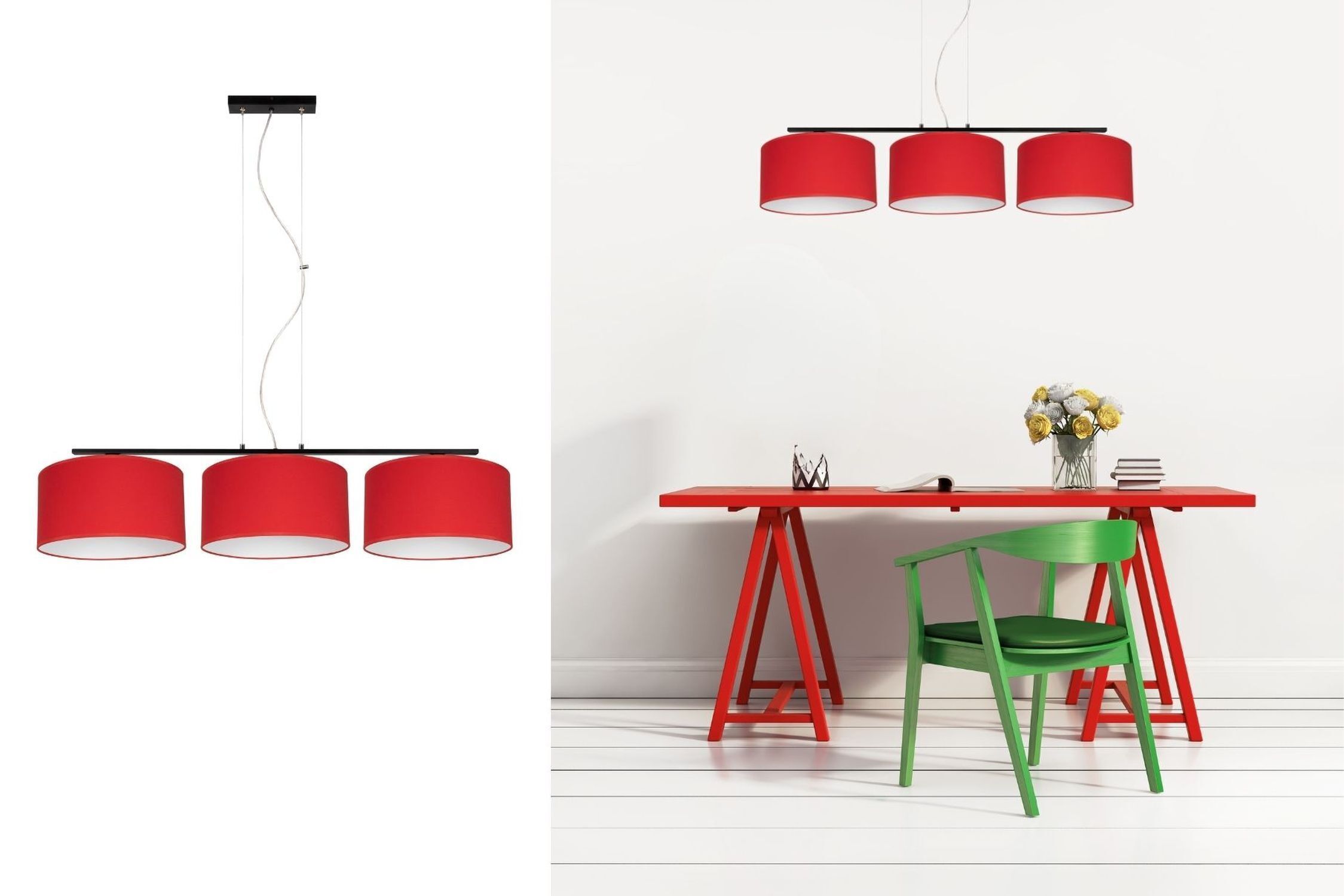pendant lamp, roter lampschirm, deckenleuchte, drei-lamplicht, moderne beleuchtung