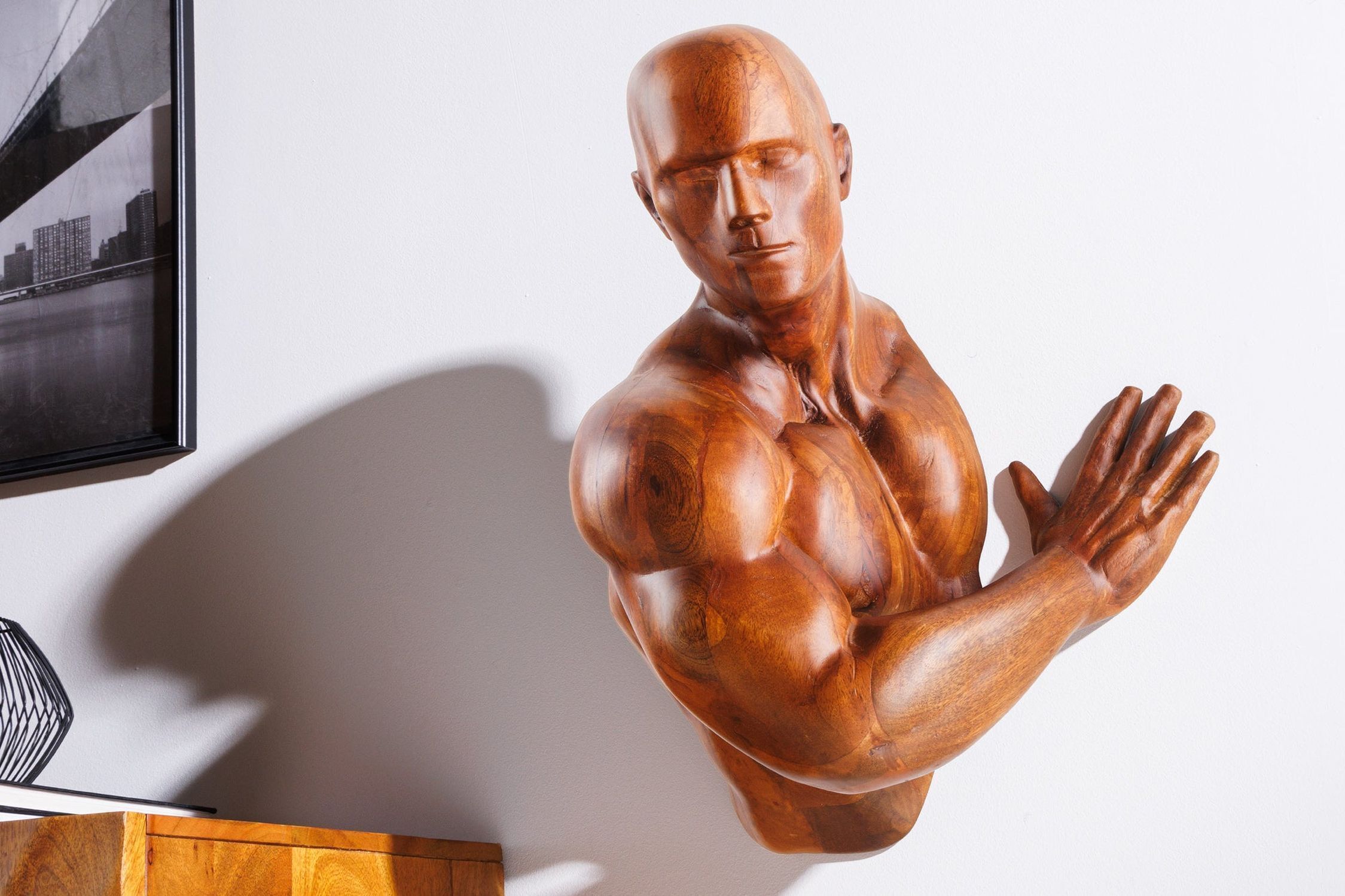 Wanddeko Mangoholz 60 cm hoch Athlet Mann massiv Erwachsener, Männlich, Mann, Person, Gesicht