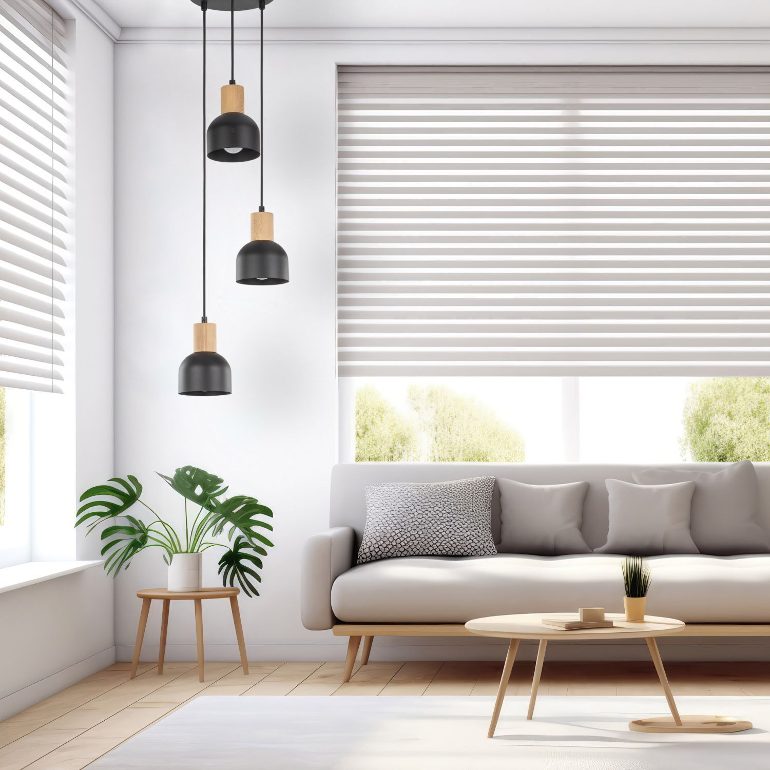 Pendelleuchte Schwarz E27 3-flammig Metall Holz PRESTON Dekoration für Zuhause, Drinnen, Innenarchitektur, Fenster, Pflanze