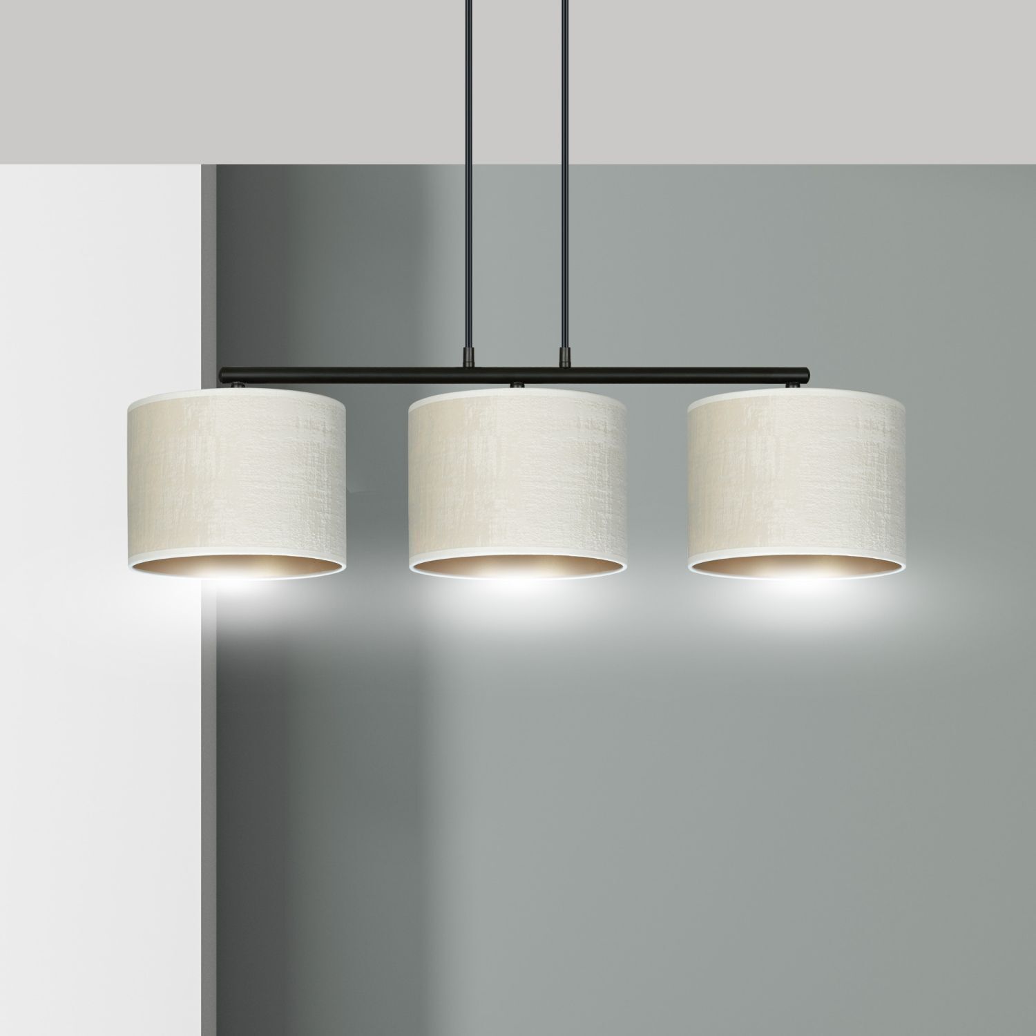 Hängelampe Stoff Metall L: 72 cm Schwarz Weiß Gold 3x E27 Band, Lampe, Deckenleuchte, Leuchte