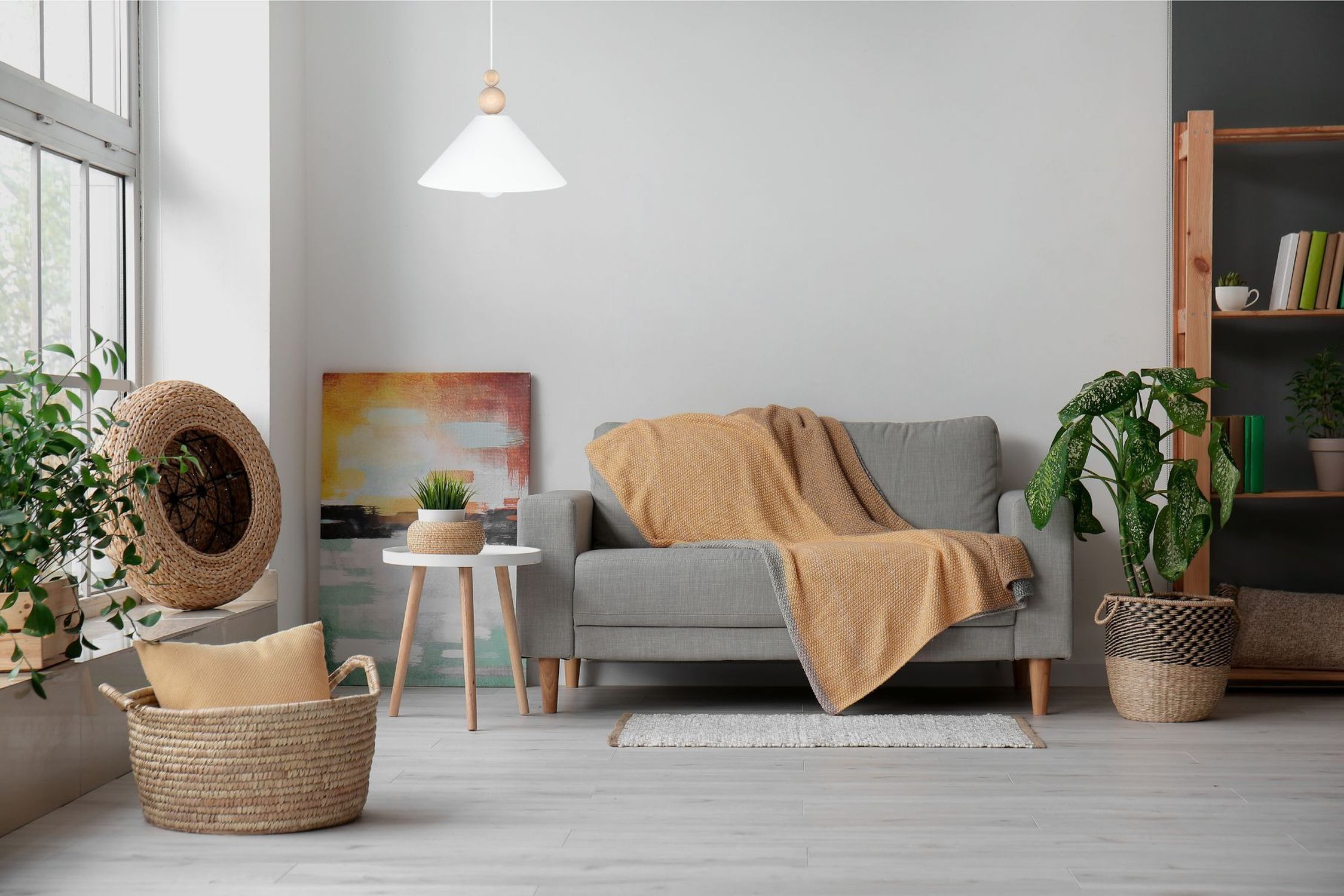 sofa, wohnzimmer, beige-decken, graues-sofa, zimmerpflanze