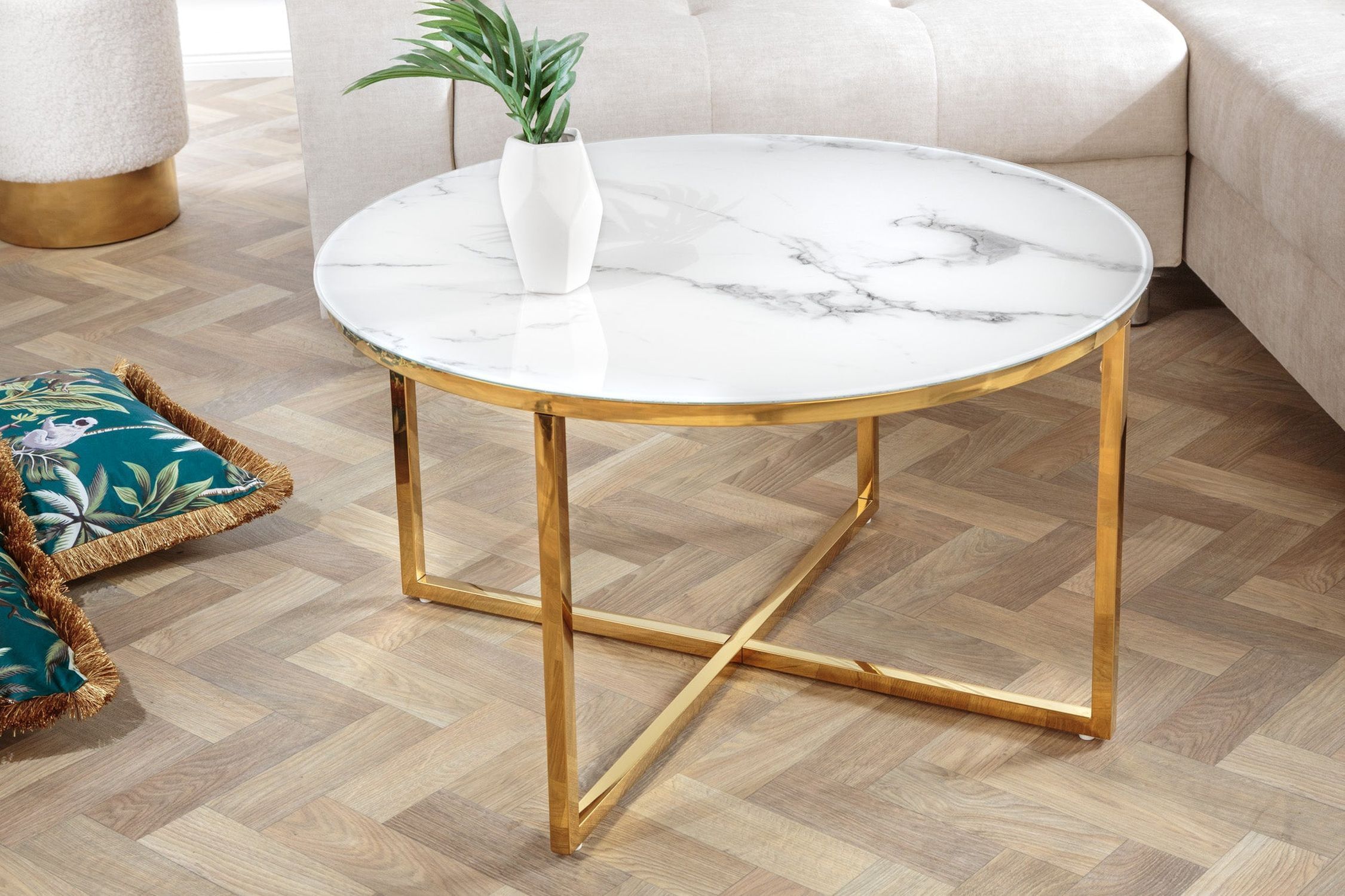 Table basse en verre trempé métal blanc or 80 x 80 cm Moebel, Tabelle, Tischplatte, Kaffeetisch