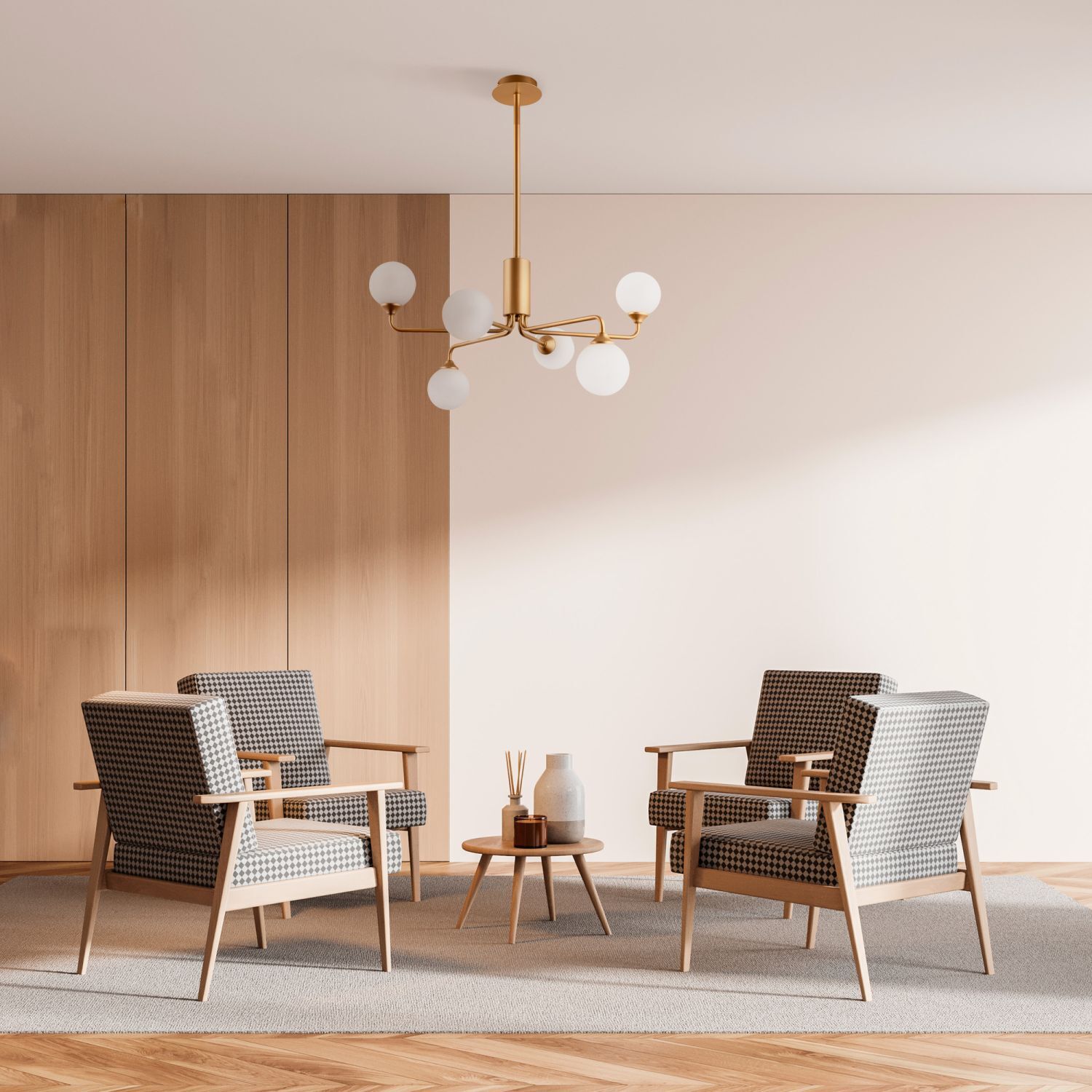 Deckenlampe Glas Metall G9 65 cm breit Kugelschirm Drinnen, Innenarchitektur, Lampe, Mobiliar, Stuhl