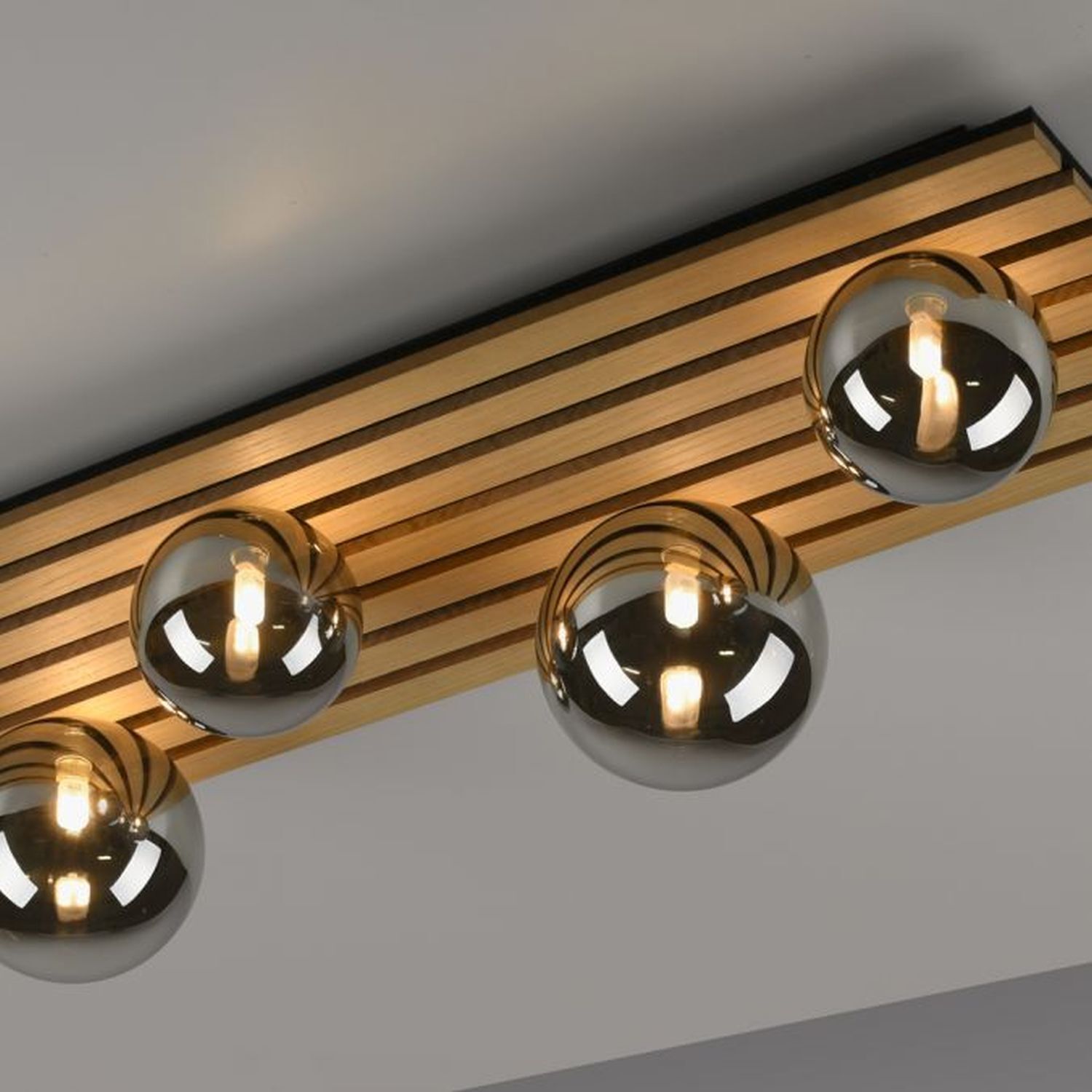 Lampe de plafonnier confortable Boules de verre Bois G9 80 cm Naturel