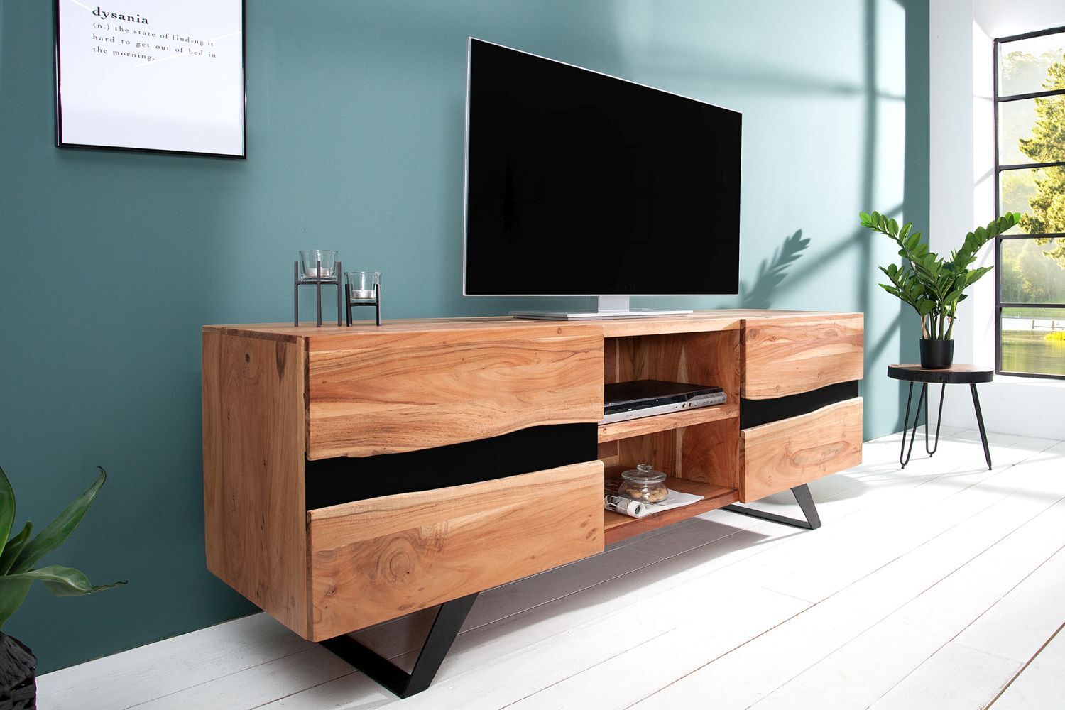 Buffet TV en bois d'acacia métal 160x150 cm en noir naturel