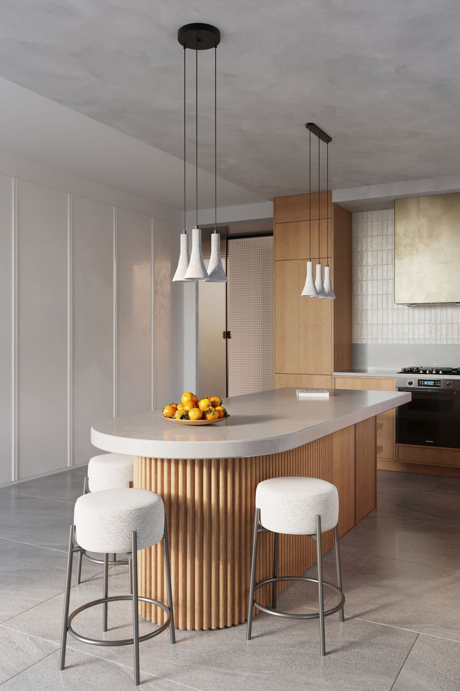 kücheninsel, marmortop, holzsäule, hängelampe, stühle