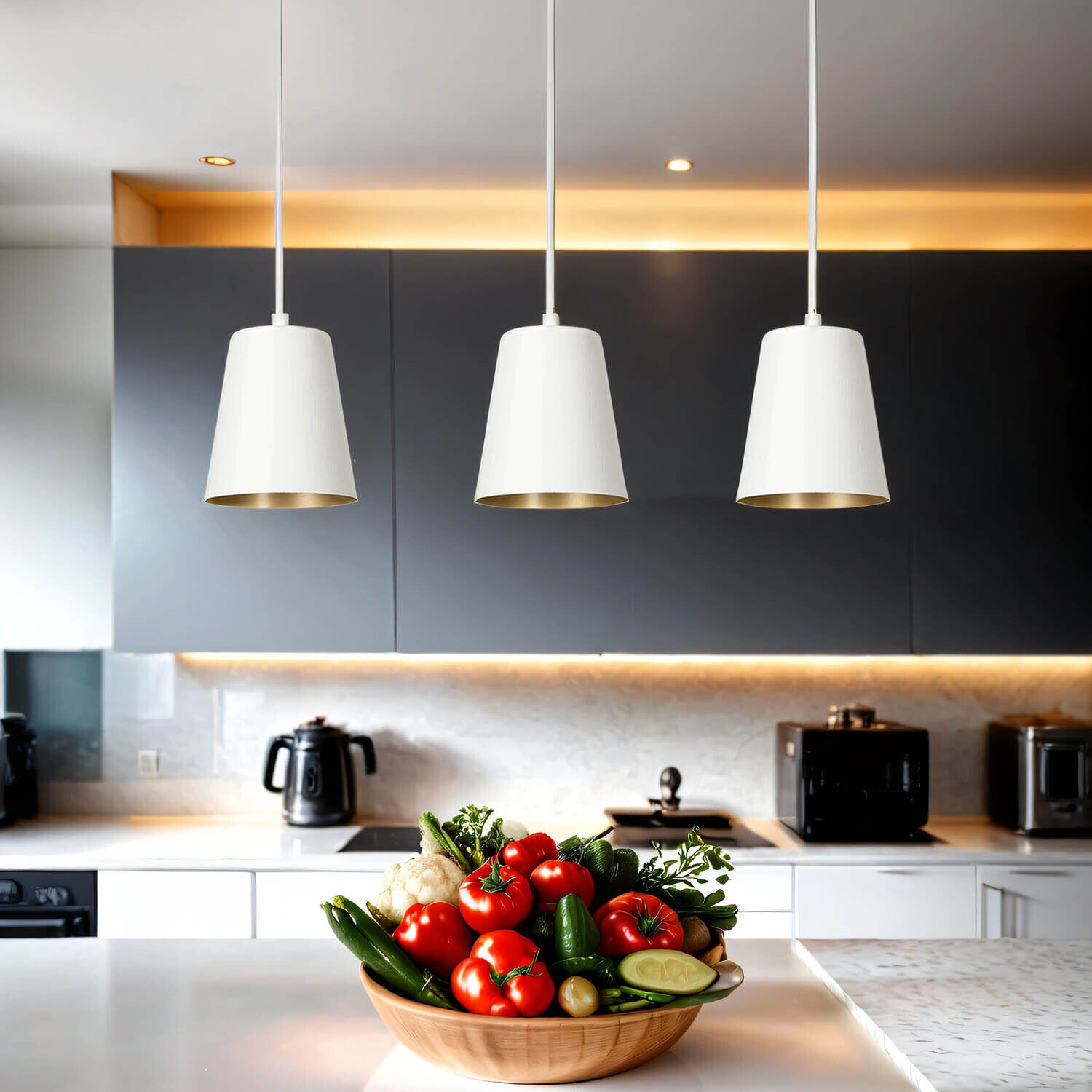 Hängeleuchte 3-flammig Weiß Gold höhenverstellbar Drinnen, Küche, Beleuchtung, Lampe, Innenarchitektur