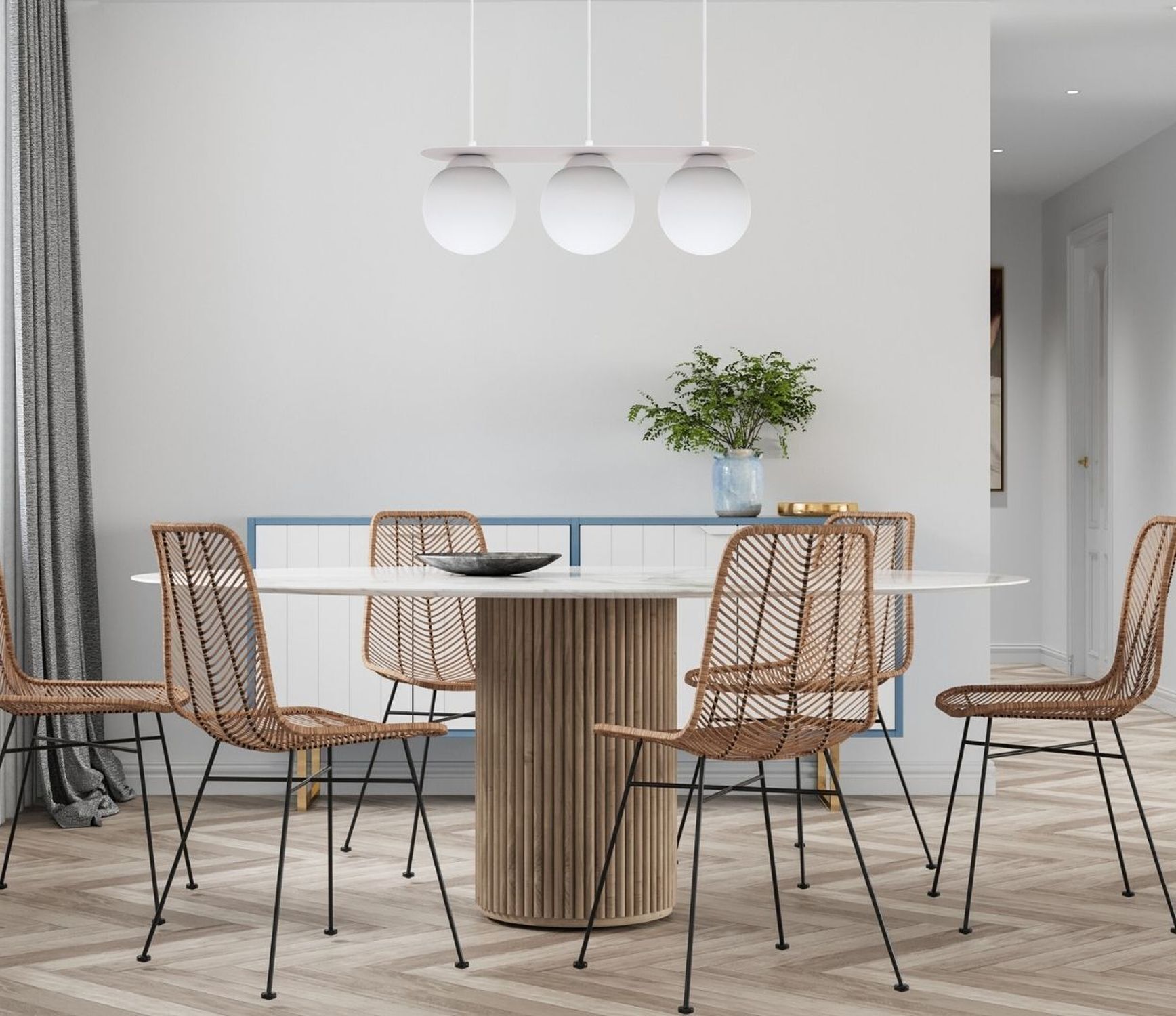 Lampe à suspendre 3 flammes boules en verre blanc 50 cm E27 anti-éblouissement Innenarchitektur, Esszimmer, Esstisch, Tisch, Pflanze