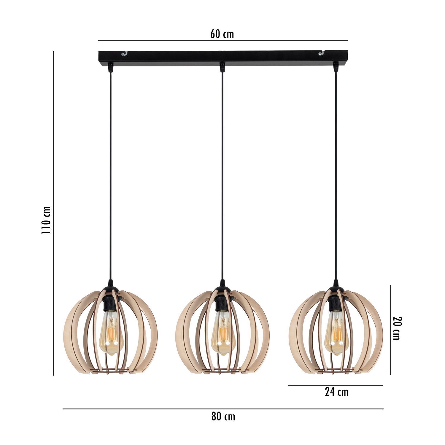 Lange Hängelampe Holz Metall E27 L:80 cm wohnlich Leuchte, Kronleuchter, Lampe