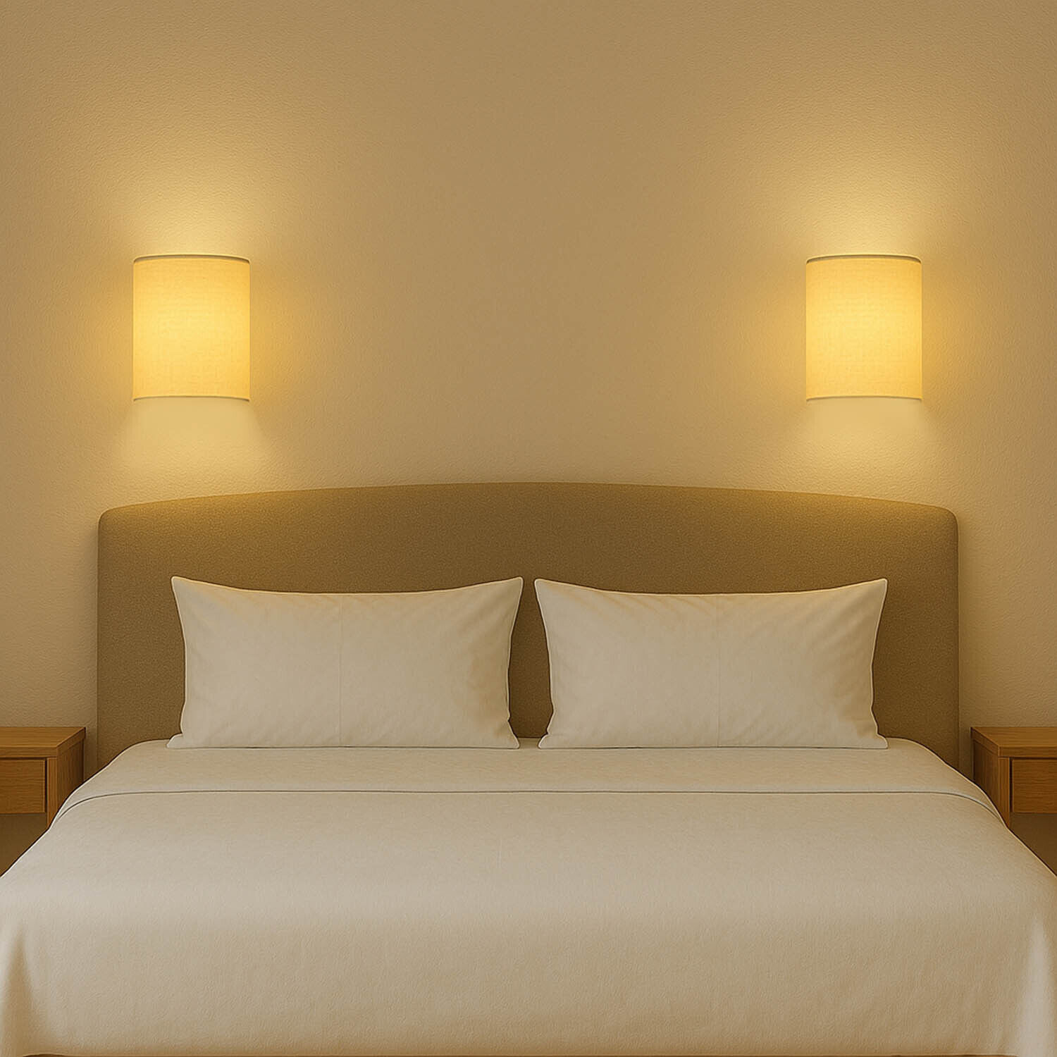 Bett, zwei Kissen, Nachttischlampen, neutrale Einrichtung, King-Size-Bett