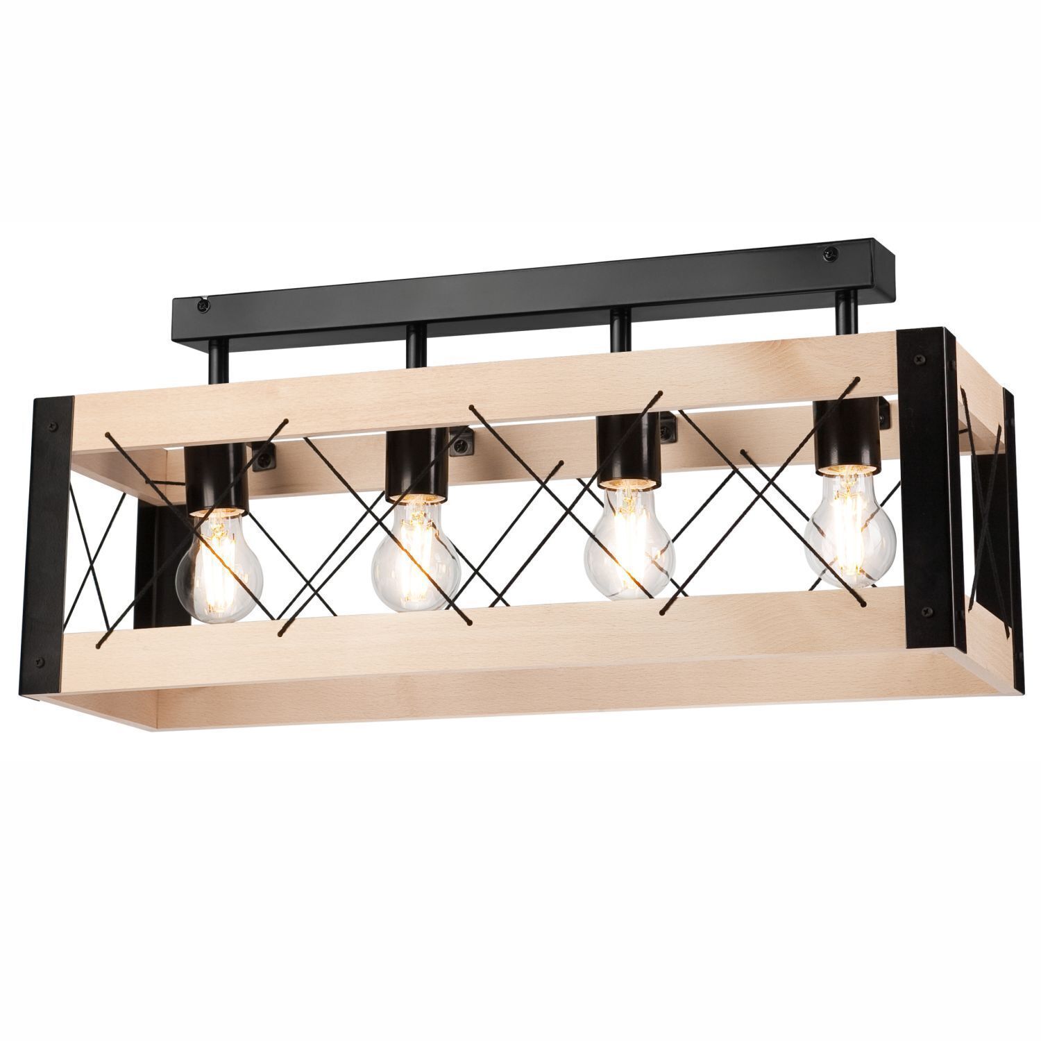 Deckenlampe Holz Metall Rustikal 63 cm lang Schwarz Natur Leuchte, Deckenleuchte