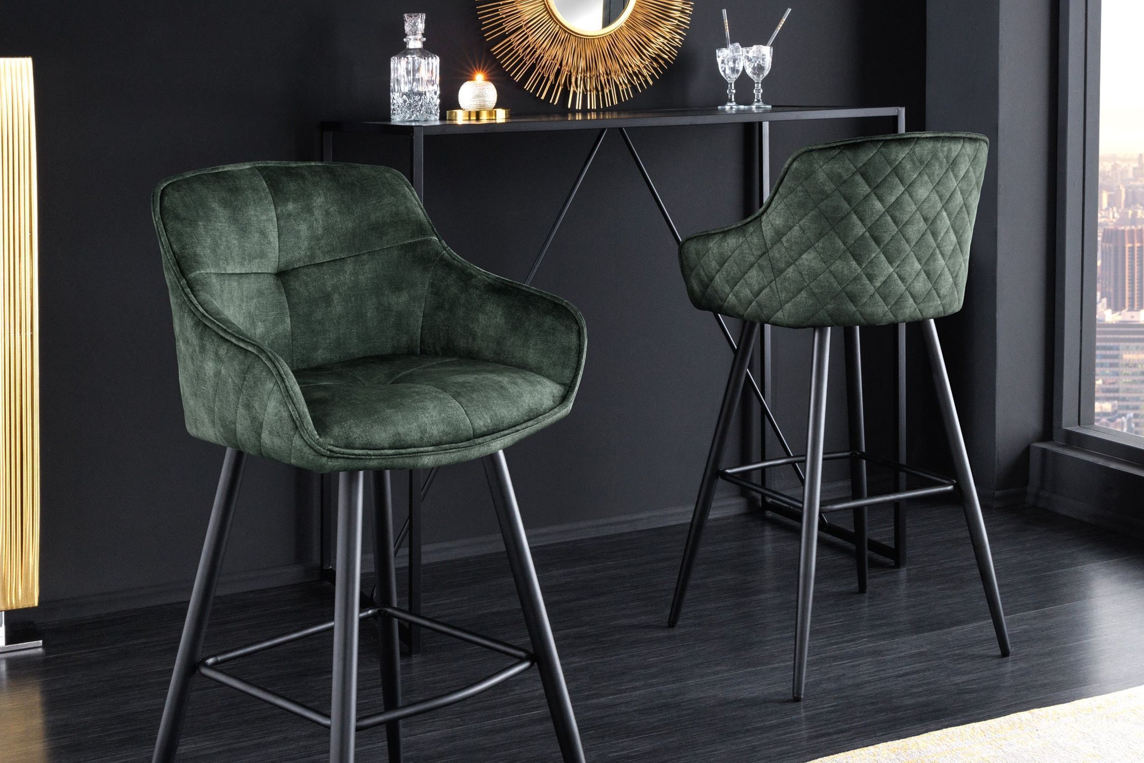 Tabouret de bar velours métal vert noir avec dossier repose-pieds Moebel, Drinnen, Innenarchitektur, Stuhl