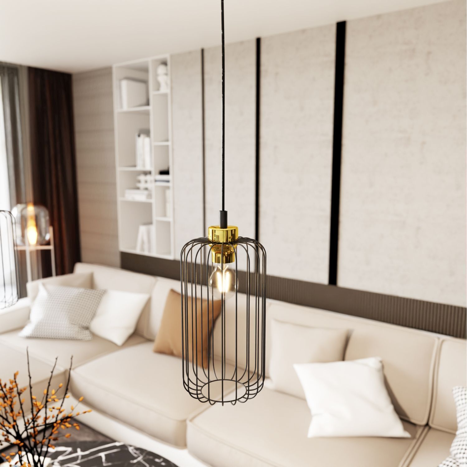 Suspension stylée Noir Or Métal E27 L:16 cm