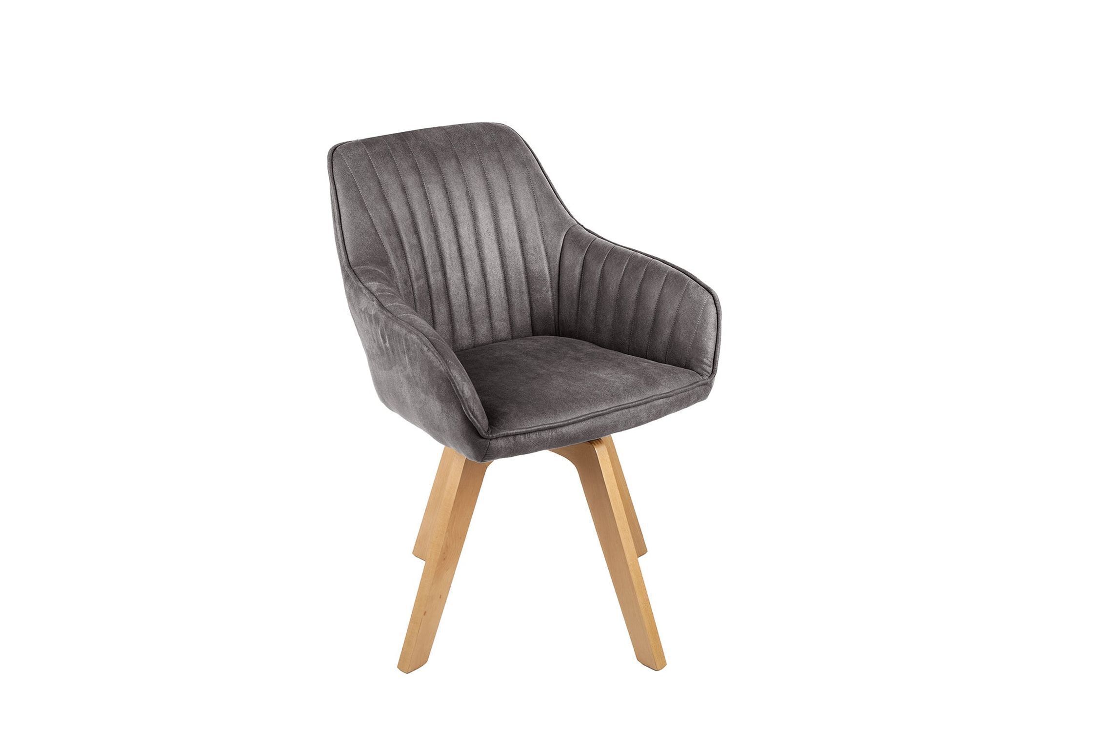 Drehstuhl Grau Natur ohne Rollen Retro mit Armlehne Samt Holz