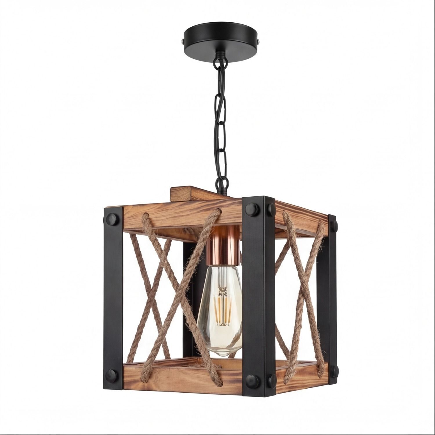 Hängeleuchte Metall Holz E27 20 cm breit H: max. 85 cm Lampenpendel, Holz, Mesh-Lampenschirm, Kordelseil, Edison-Birne