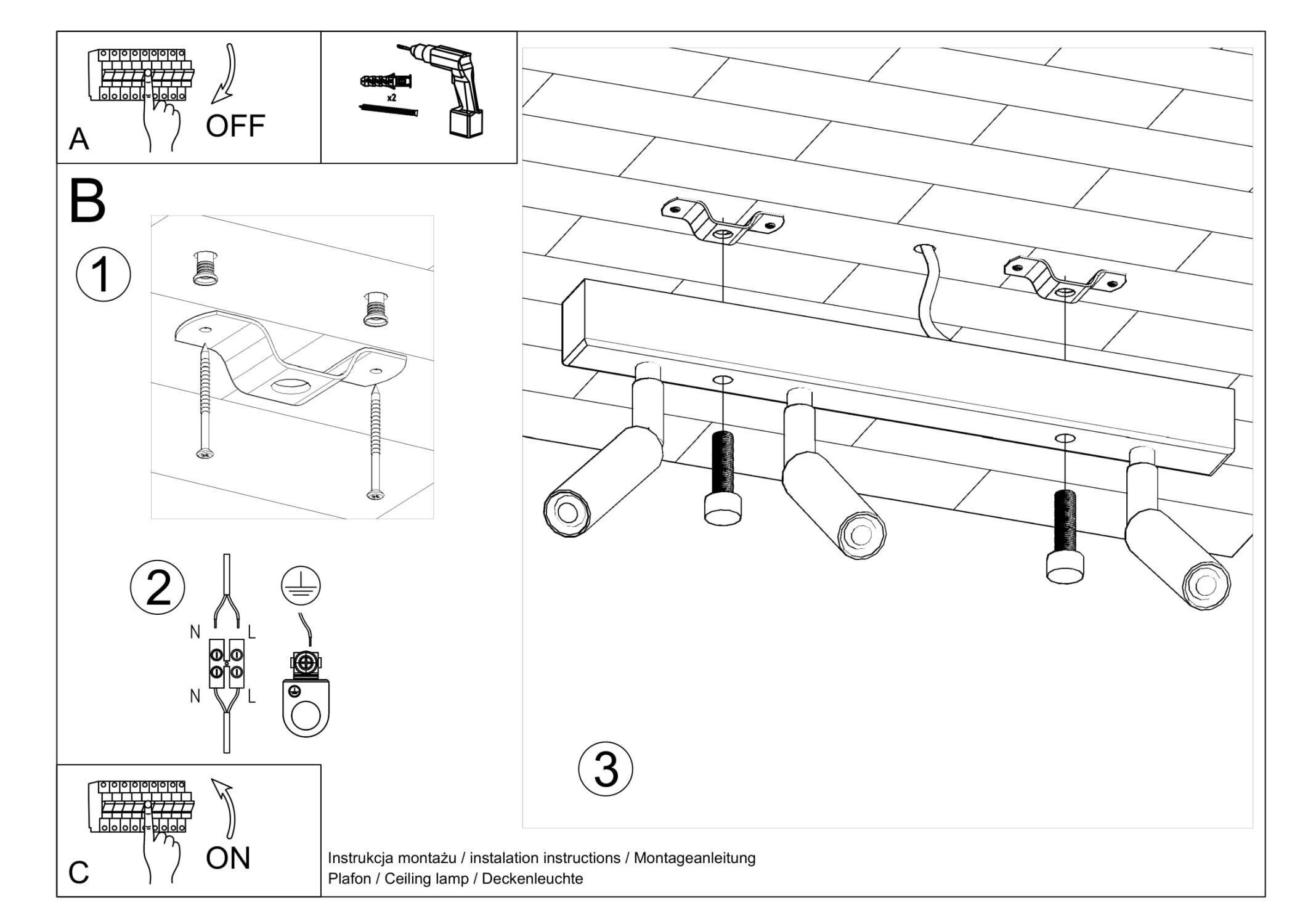 Deckenstrahler Schwarz 3-flammig 35 cm SARGAS CAD-Diagramm, Diagramm